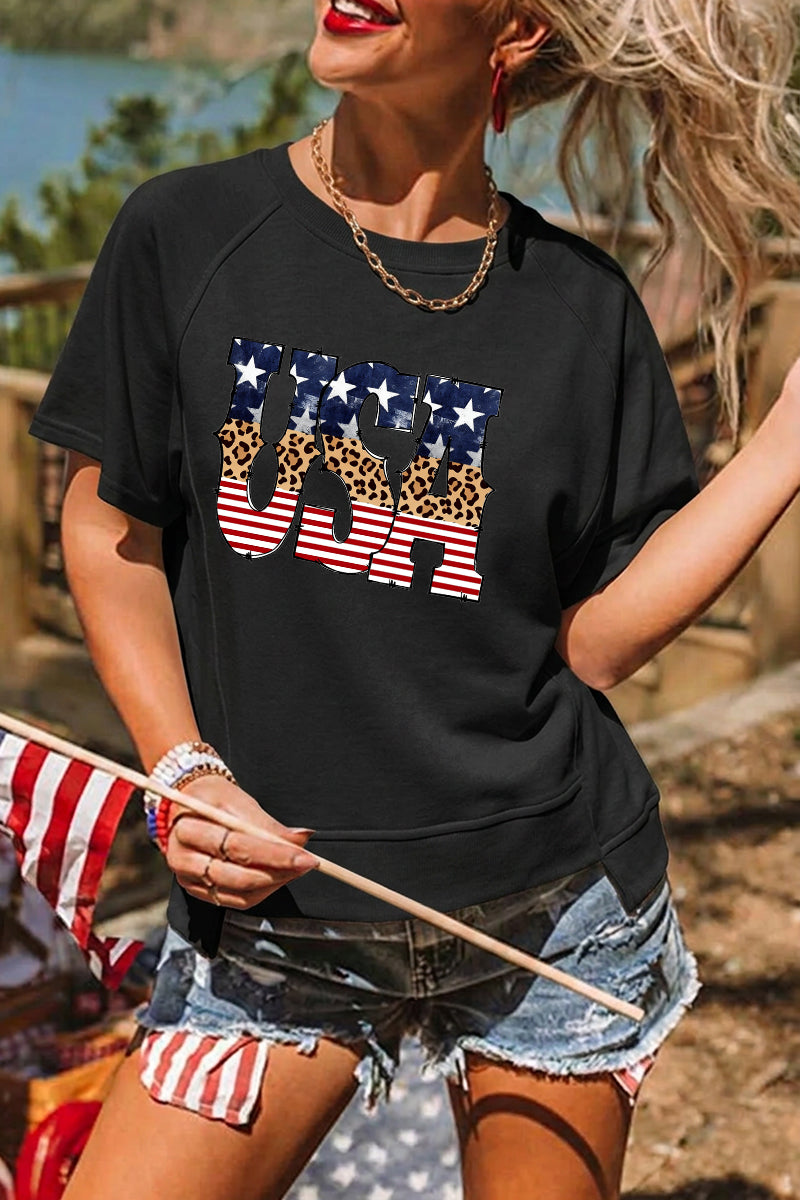 Independence Day Patchwork USA Graphic Tee Top