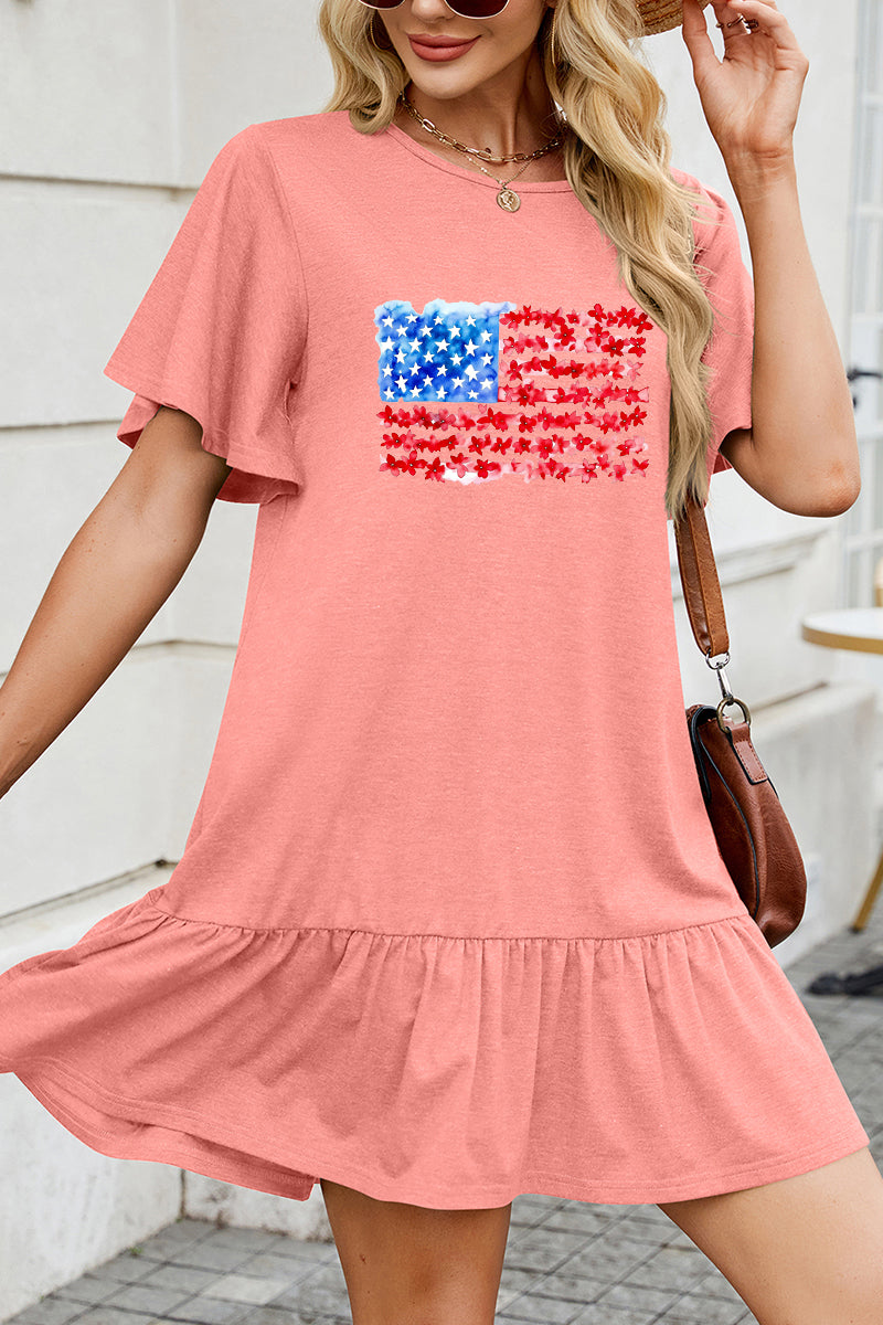 American Flag Cotton Dress Casual Ruffle Vacation