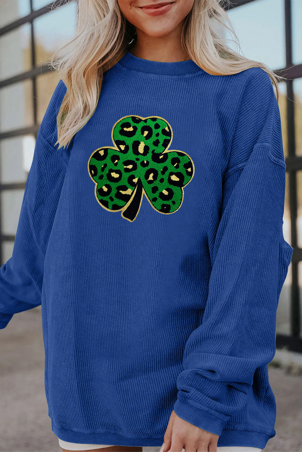 Saint Patrick’s Day Leopard Shamrock Corded Sweatshirt