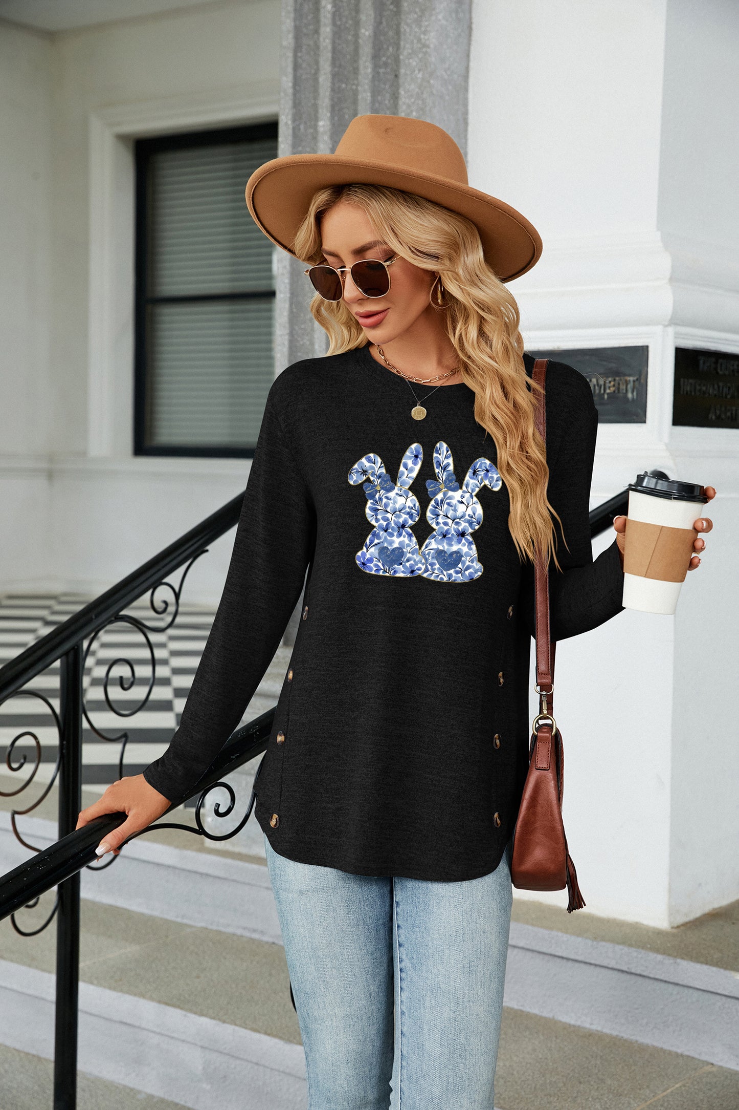 Cute Easter Bunny Graphic Crewneck Long Sleeve Top