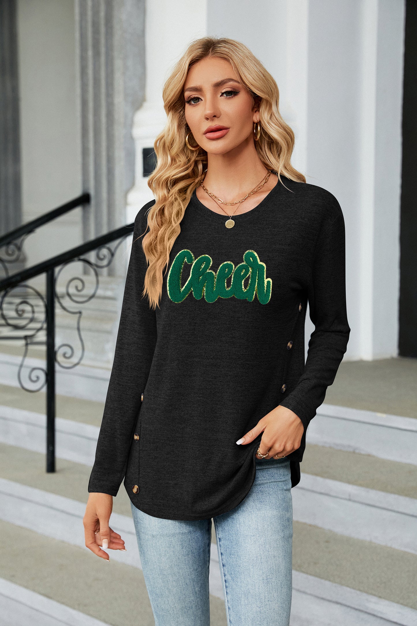 St Patricks Day Green Cheer Sequin Long Sleeve Top