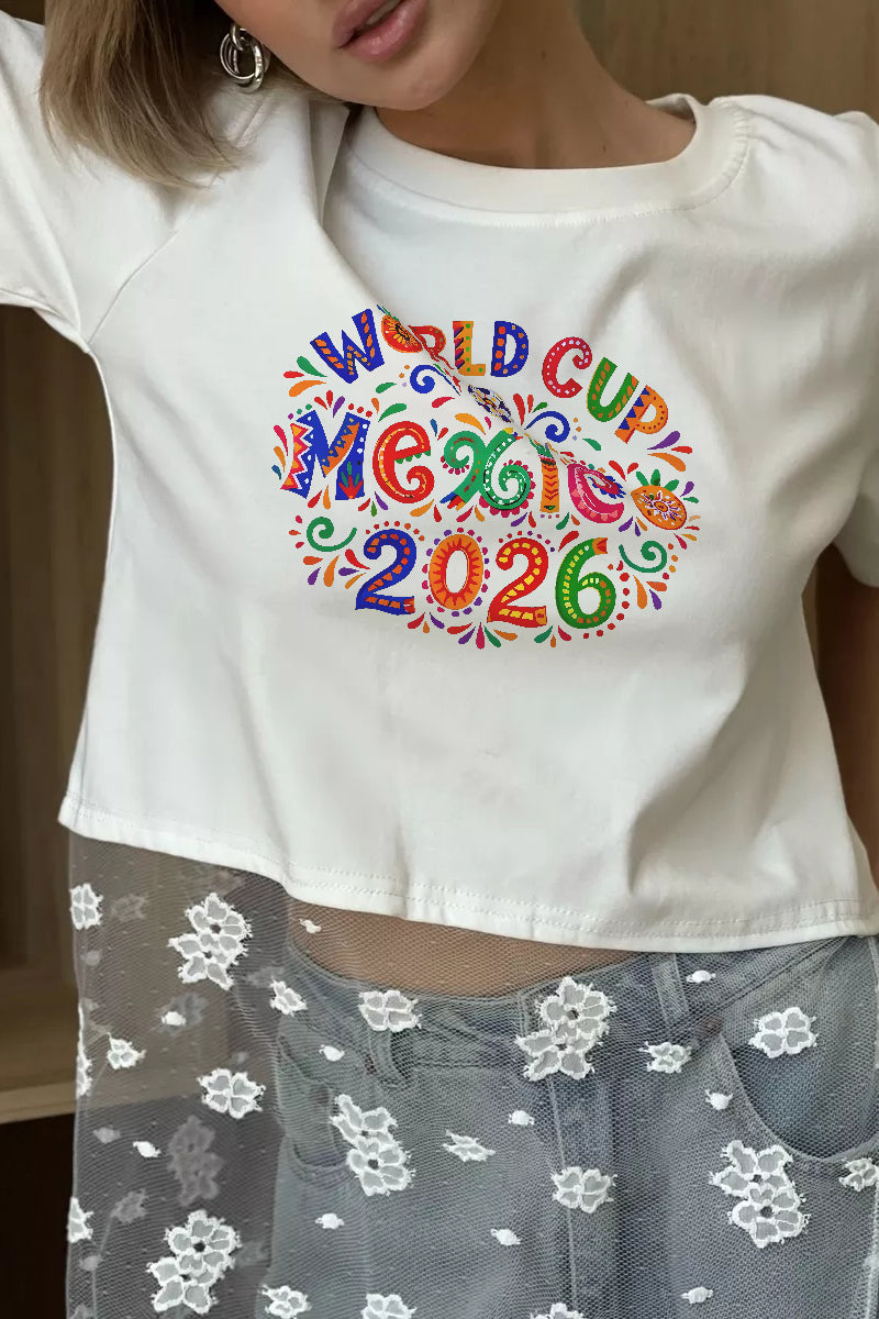 World Cup Mexico 2026 Graphic Crop Tee Colorful Soccer T Shirt Women