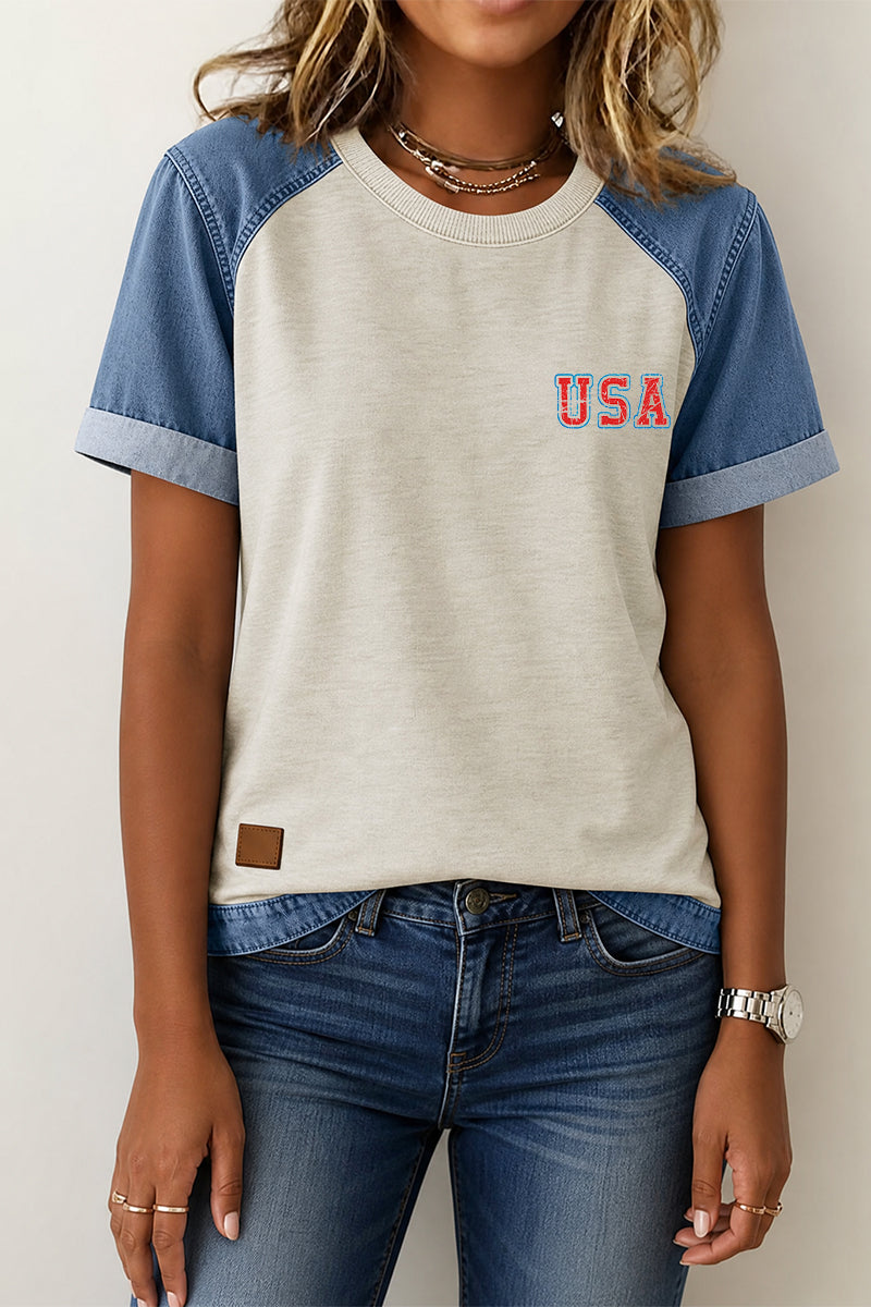 Patriotic Graphic Tee Denim Patchwork USA Flag Top