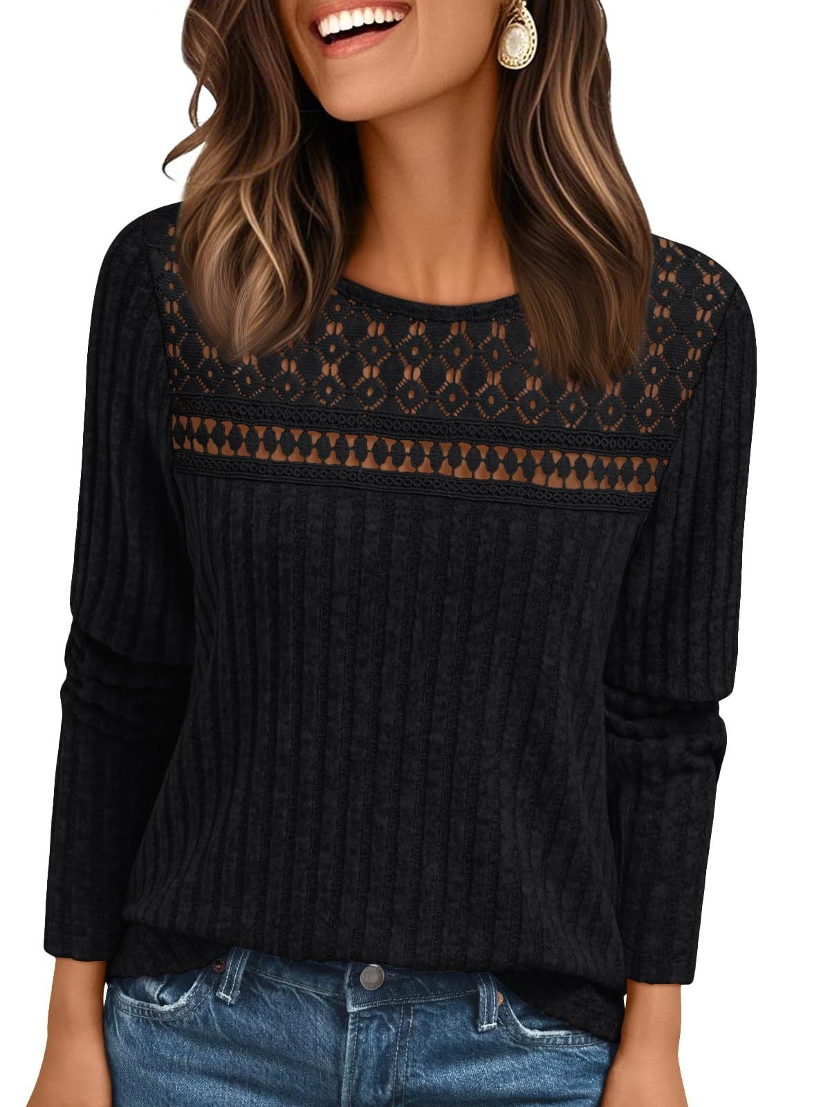 Solid Ribbed Top Casual Lace Long Sleeve Boutique