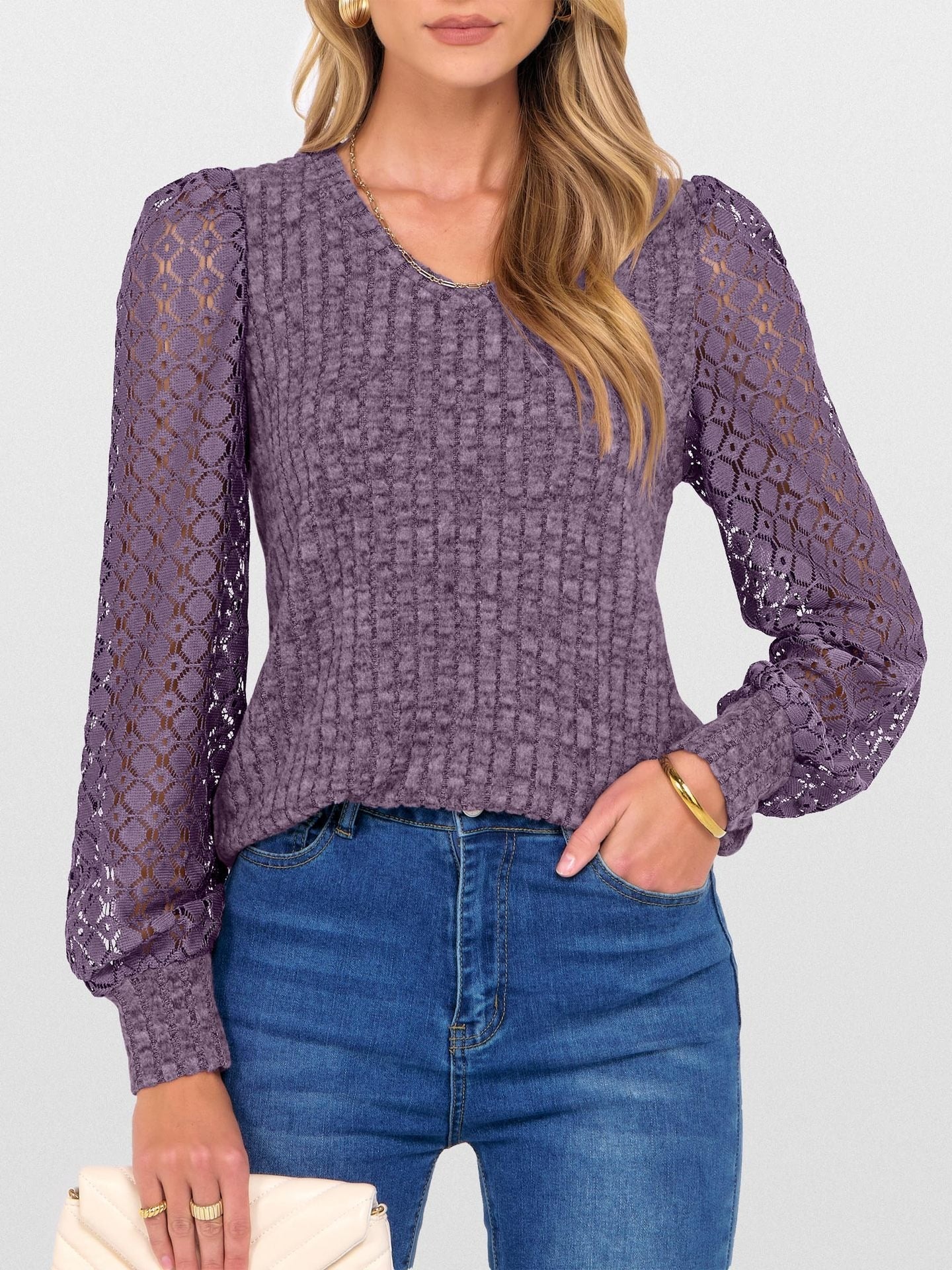 V-Neck Knit Top with Lace Puff Long Sleeves