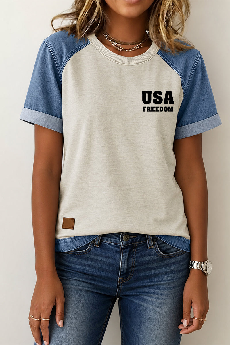Patriotic Graphic Tee Denim Patchwork Wing Back Top