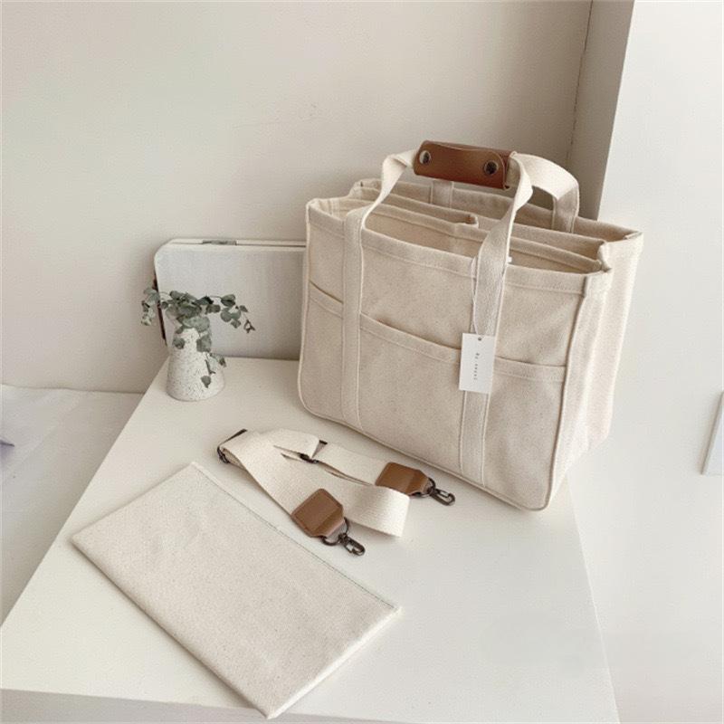 Canvas Multi Pocket Laptop Tote Crossbody Travel Bag