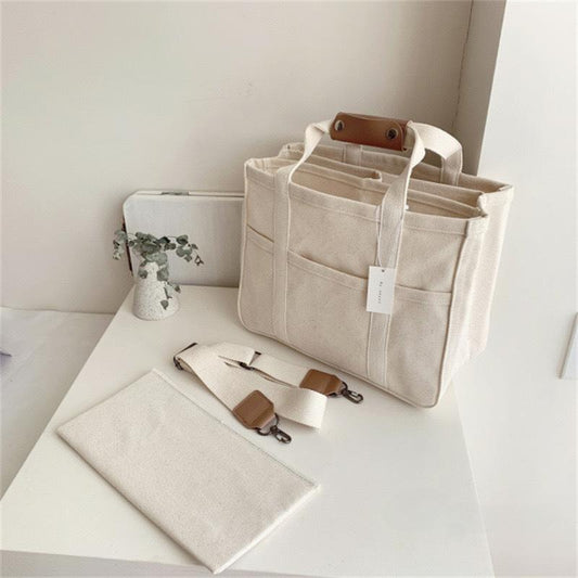 Canvas Multi Pocket Laptop Tote Crossbody Travel Bag