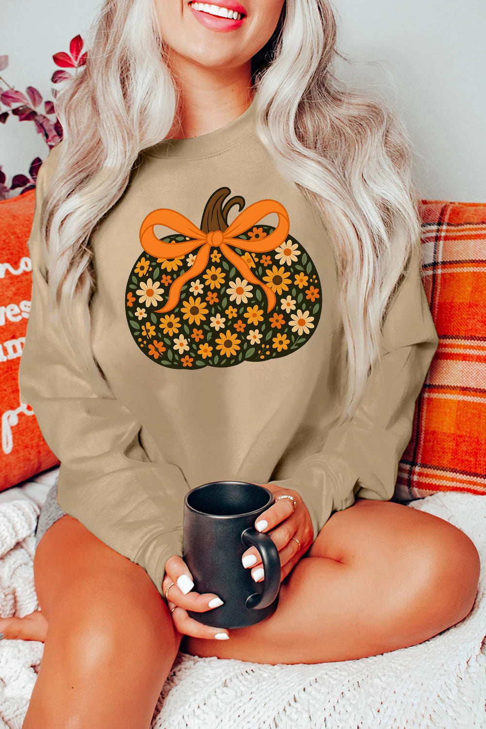 Khaki Floral Pumpkin Graphic Thanksgiving Sweatshirt