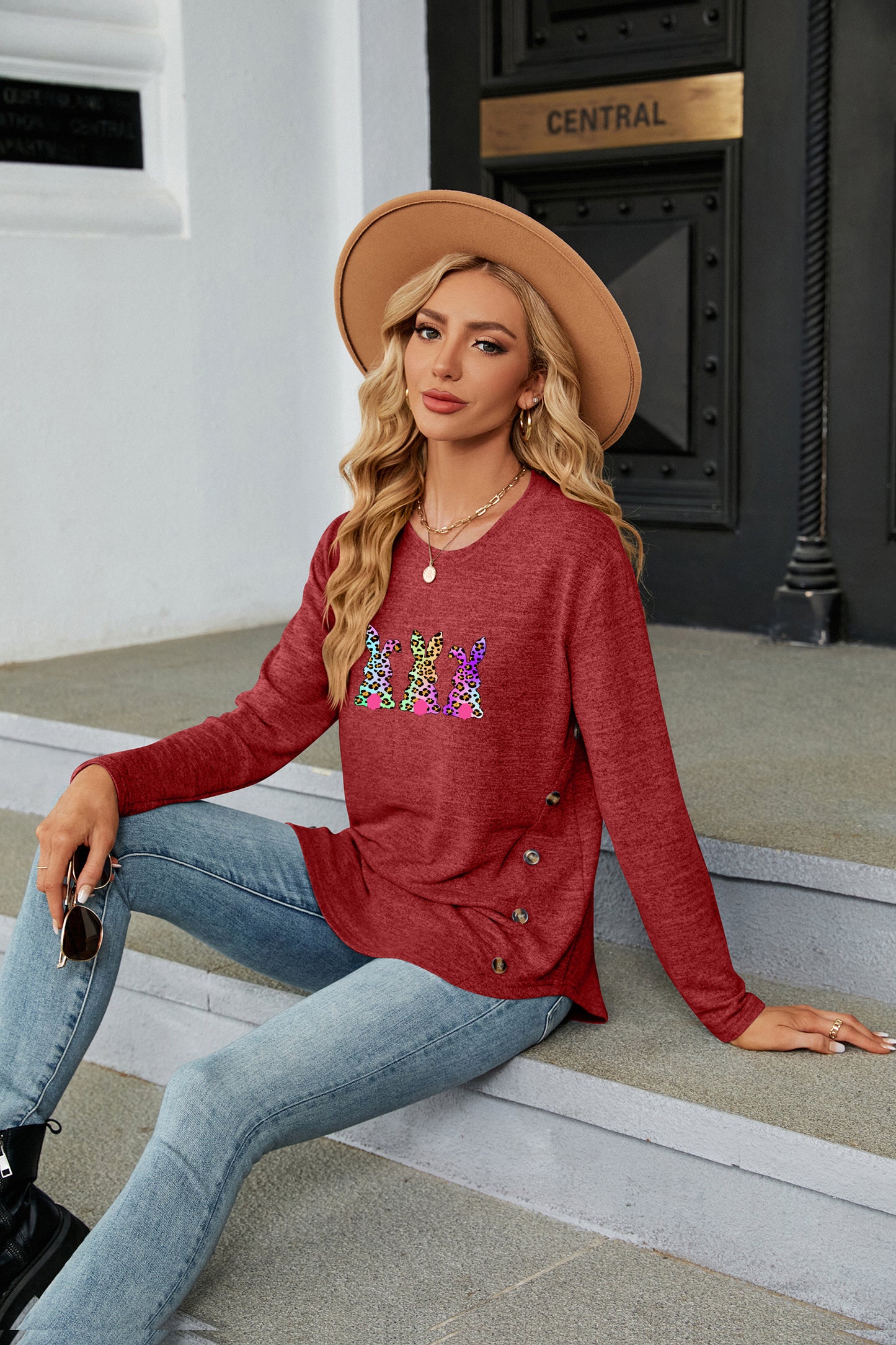 Easter Leopard Bow Graphic Western Long Sleeve Top