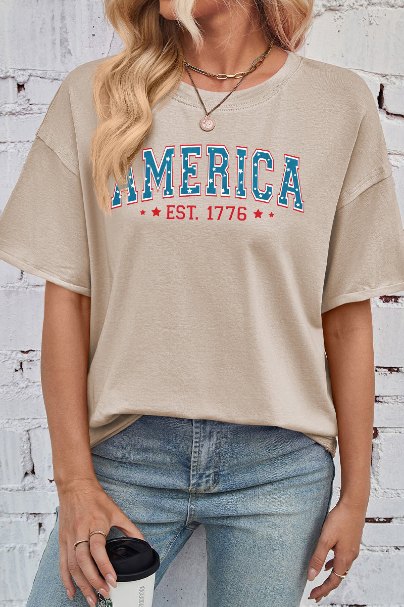 America EST 1776 Print Rayon Tee Oversized Patriotic Top