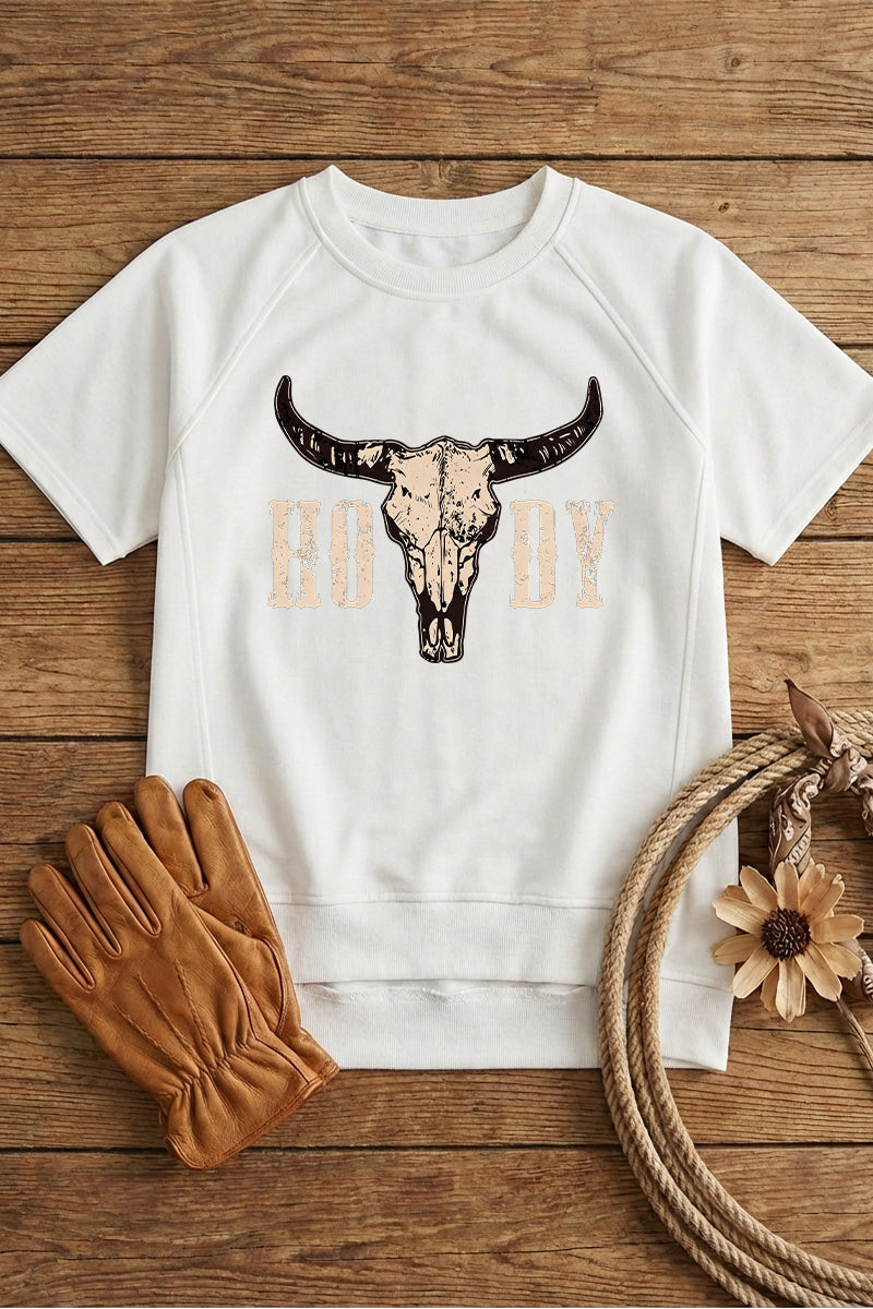 Western Howdy Cow Skull Graphic Tee Vintage Cowboy Top