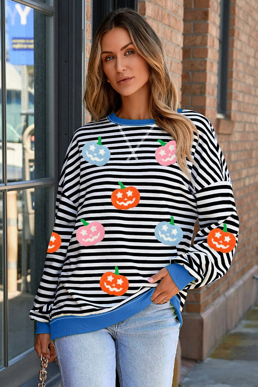 White Stripe Pumpkin Face Patched Pattern Crew Neck Sweatshirt