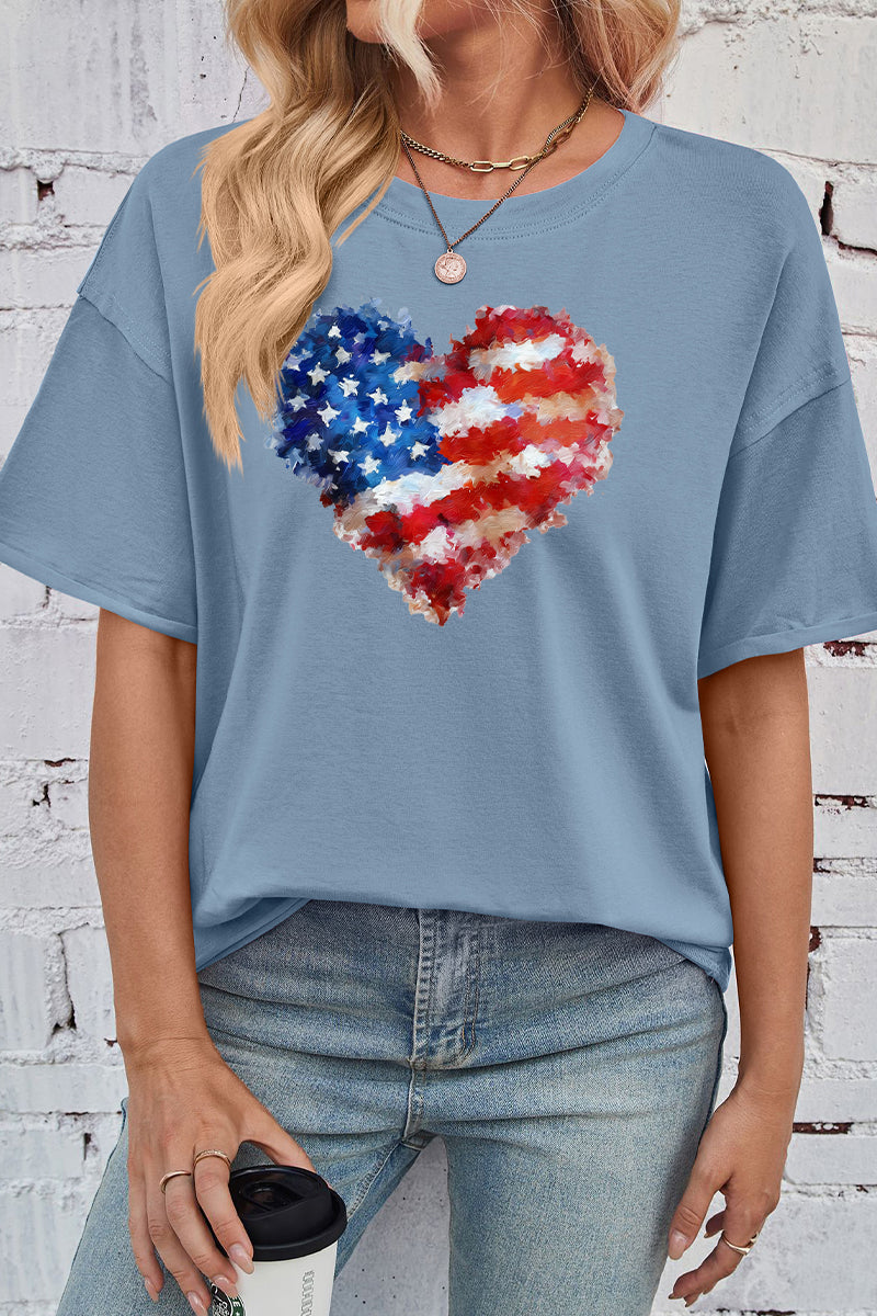 Patriotic Cotton Graphic Tee Oversized Flag Heart Top
