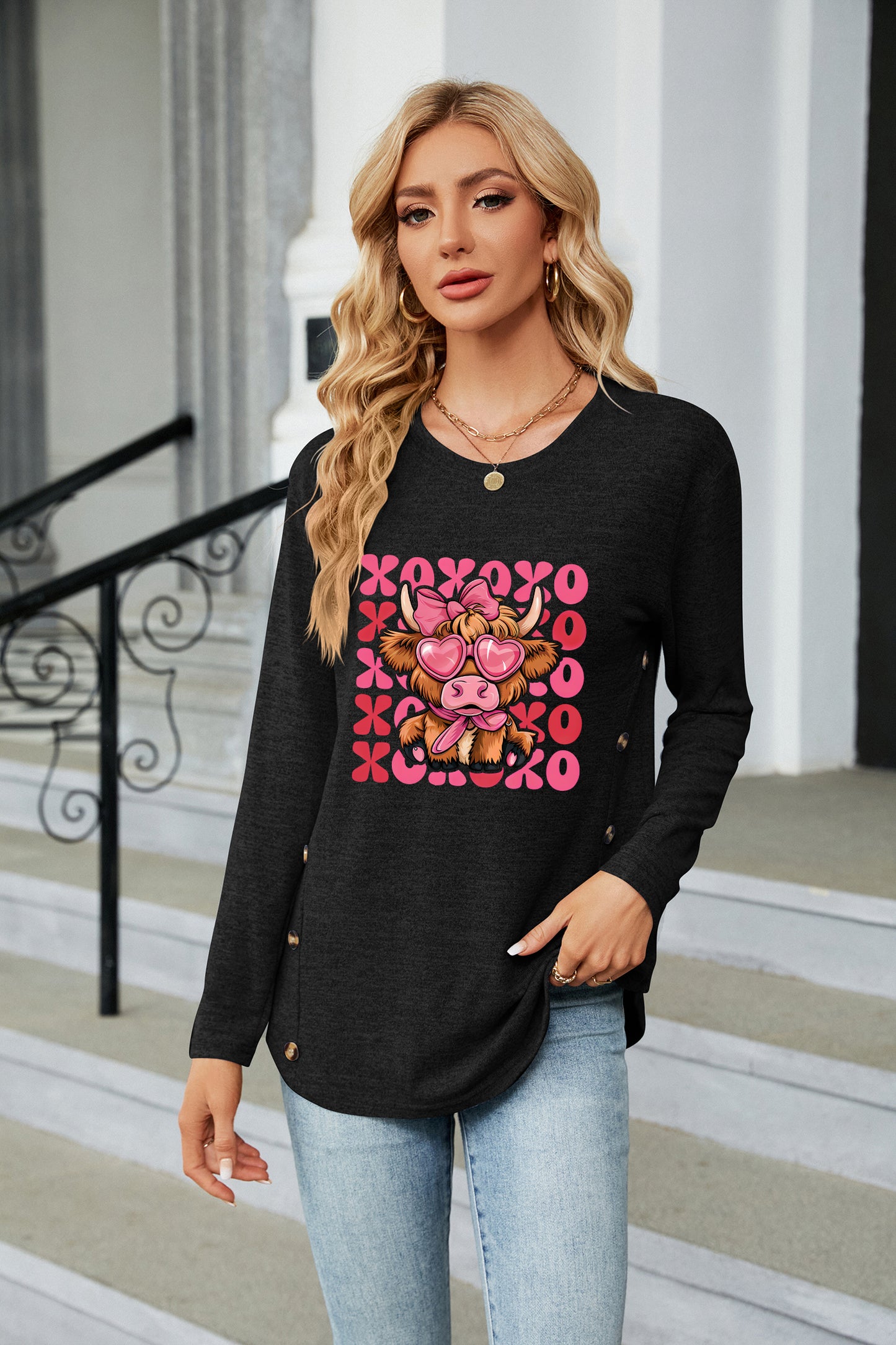 Valentine's Day Cute Pig XOXO Graphic Long Sleeve Top
