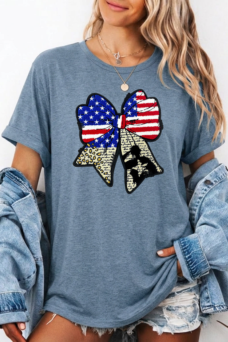 July 4th USA Flag Bow Graphic T Shirt Women