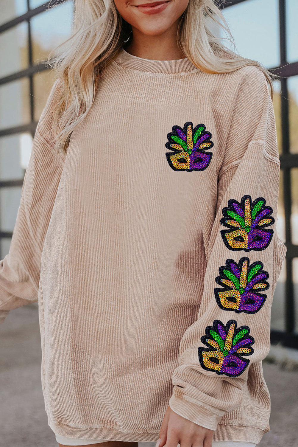 Mardi Gras Mask Patch Sleeve Detail Casual Sweatshirt