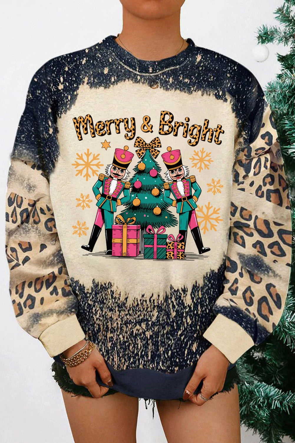 Black Merry&Bright Christmas Nutcracker Printed Leopard Tie Dye Bleached Baggy Sweatshirt
