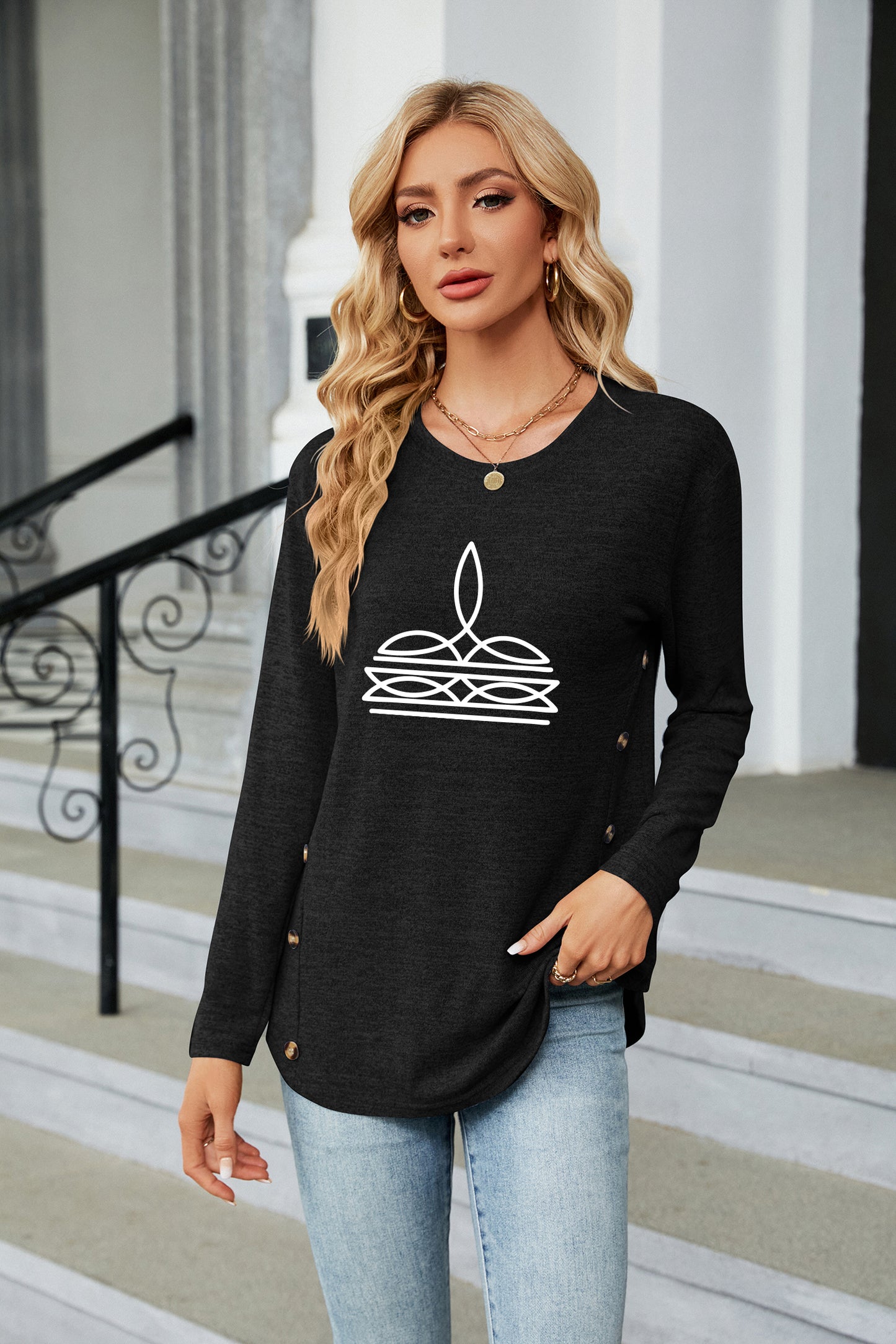 Western Minimal Line Art Long Sleeve Casual Top