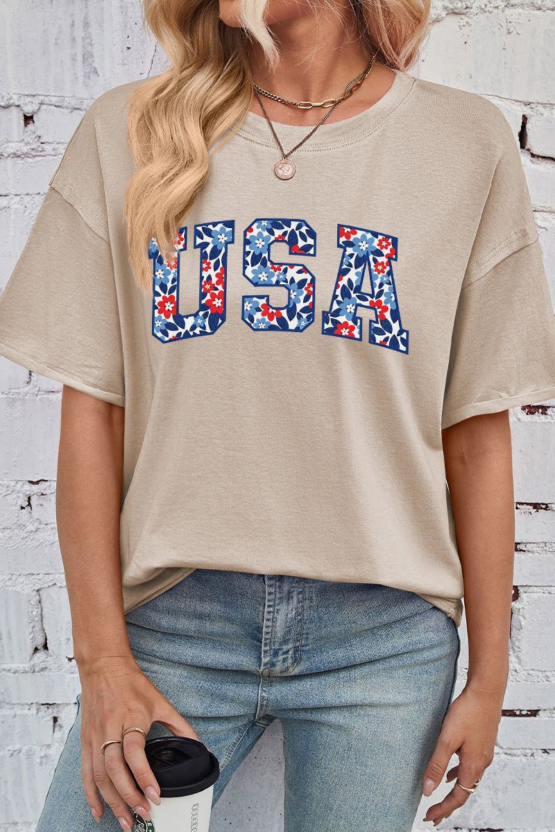 Floral Cotton Graphic Tee Patriotic USA Oversized Top