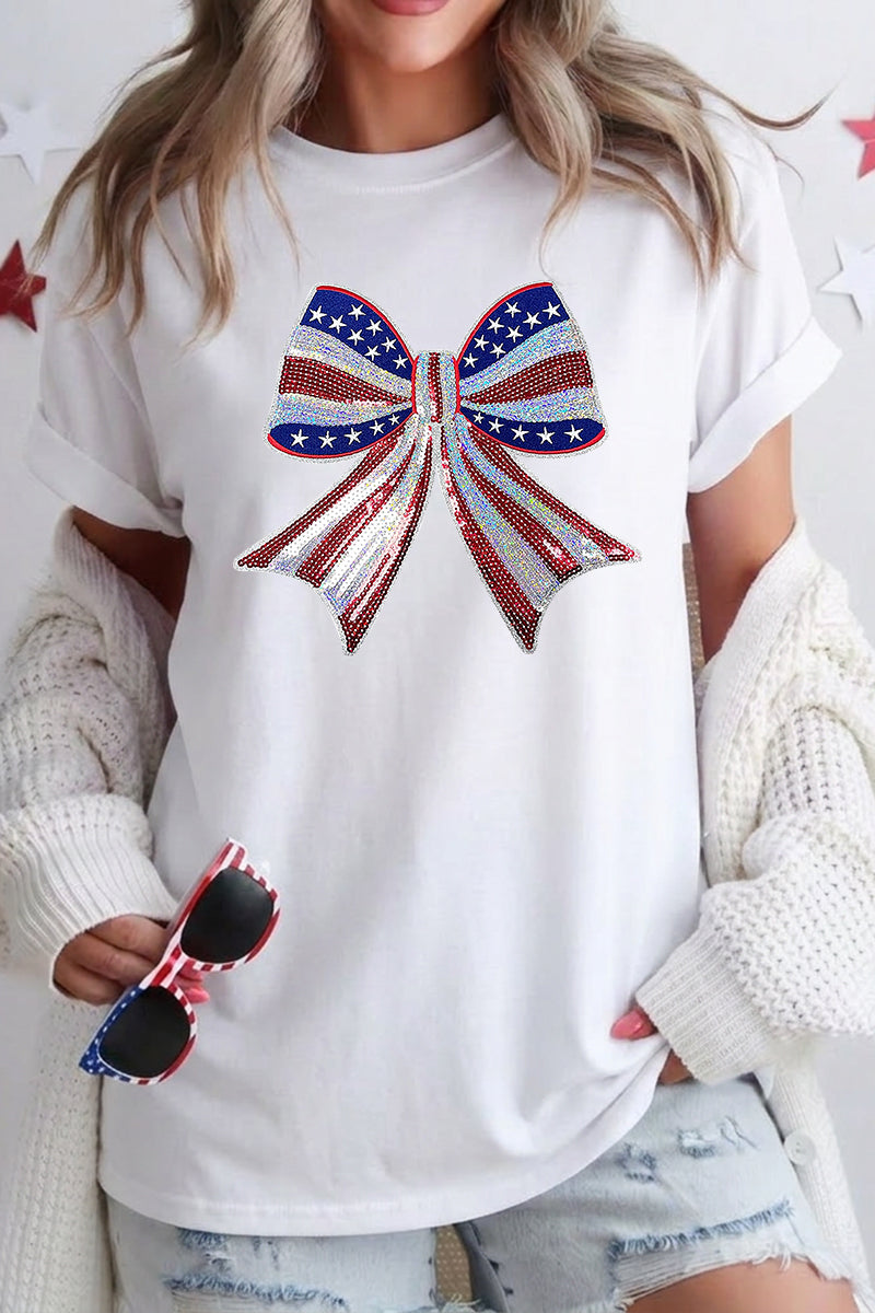 4th of July Bow Graphic Tee Women Patriotic Top