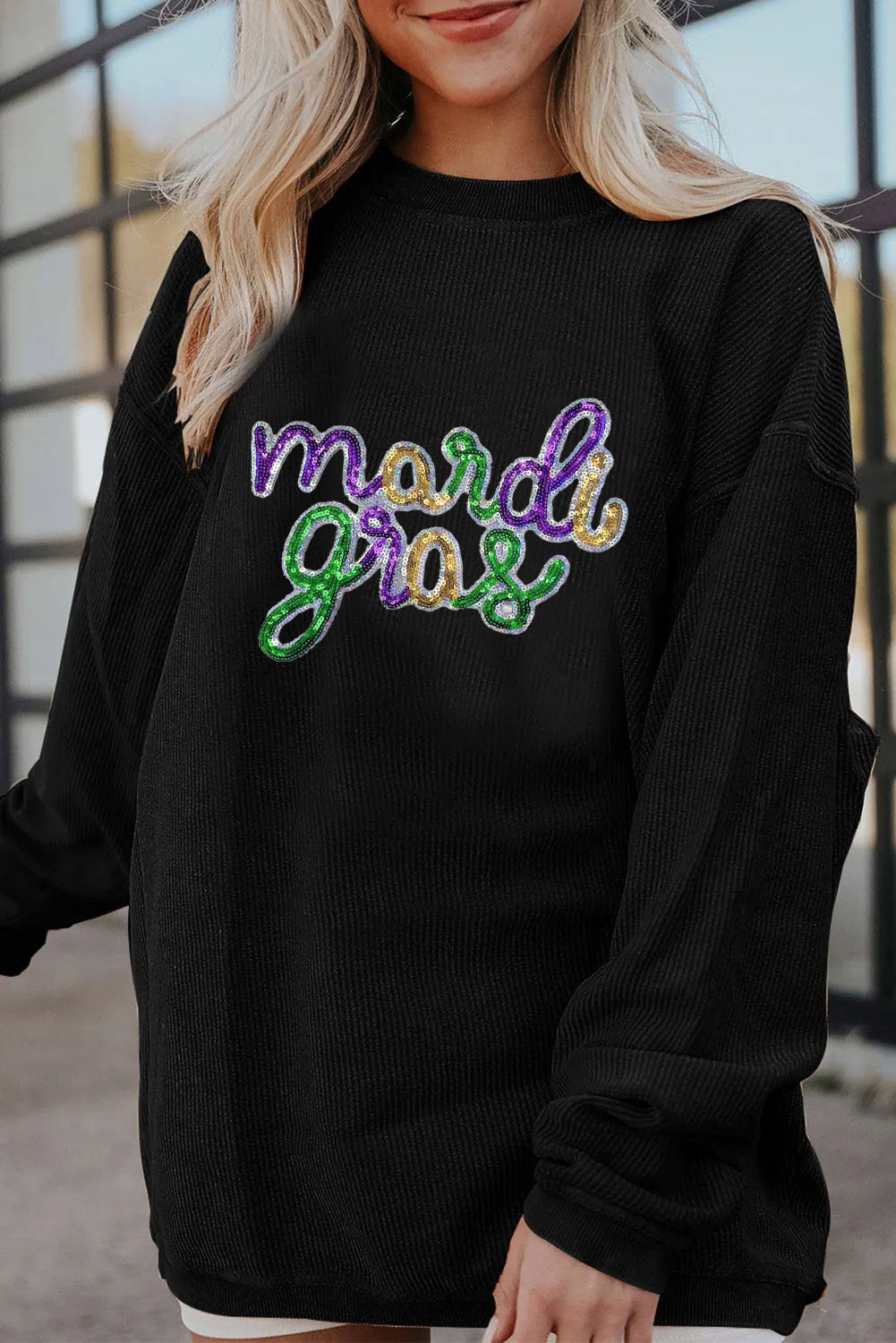 Mardi Gras Sparkly Letter Graphic Sweatshirt