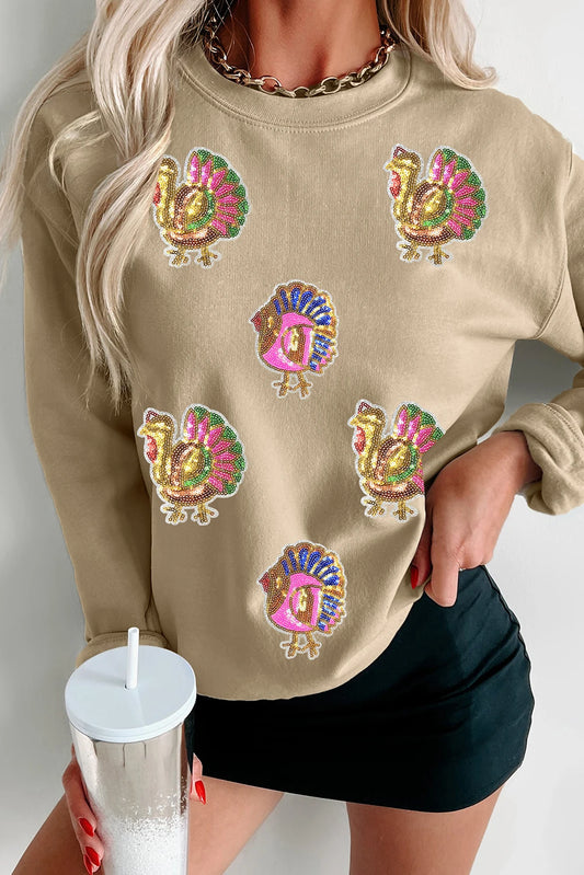 Khaki Sequin Thanksgiving Turkey Graphic Baggy Sweatshirt