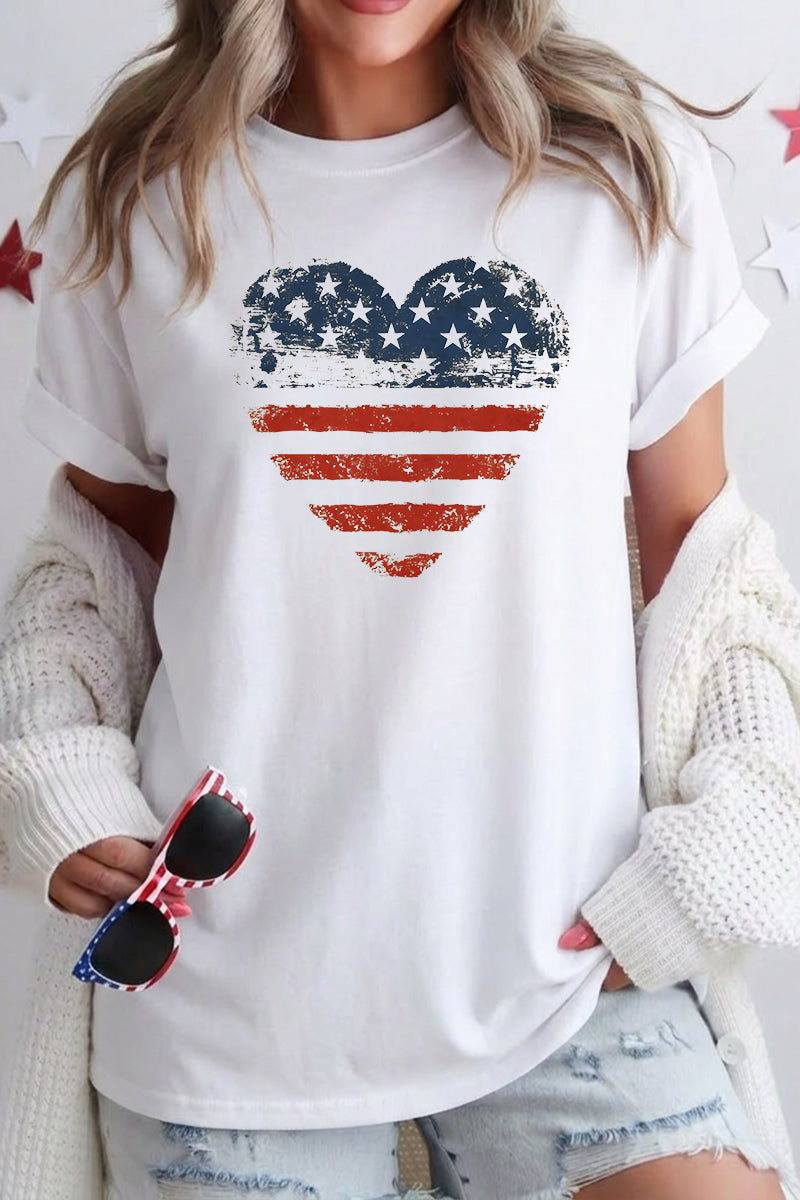 Women 4th of July American Flag Heart T Shirt