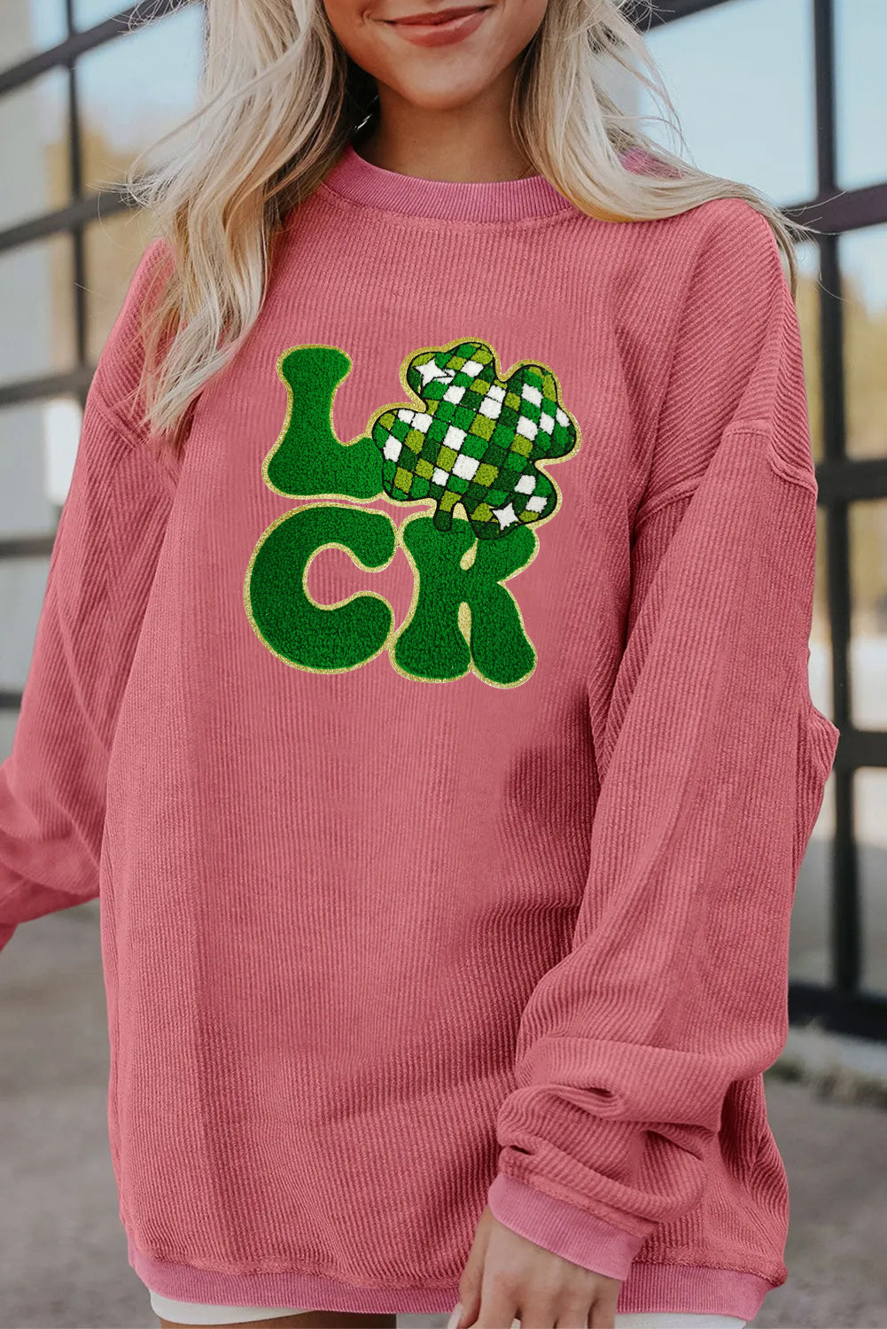 Saint Patrick’s Day LUCK Clover Graphic Corded Sweatshirt