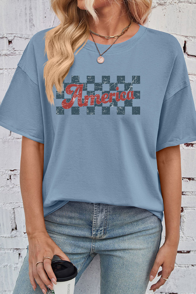 Checkerboard Graphic Rayon Tee Oversized Casual Top