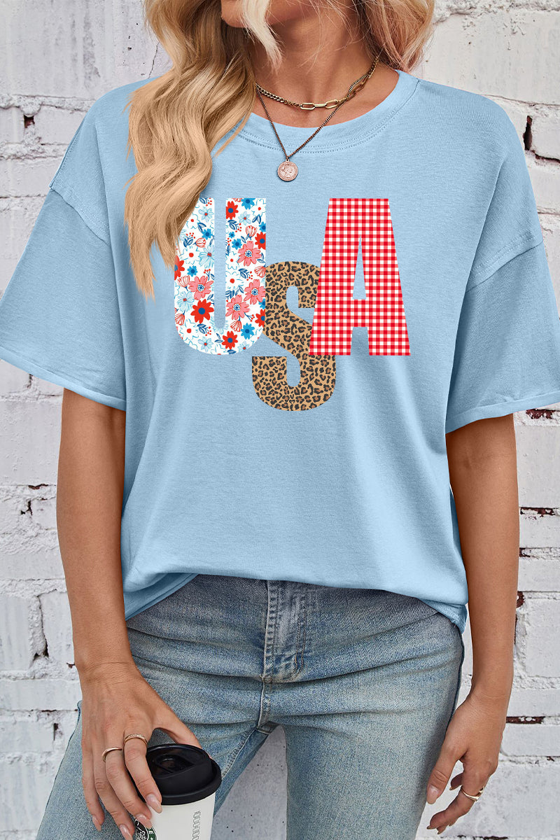 Patriotic Cotton Graphic Tee Oversized USA Leopard Top