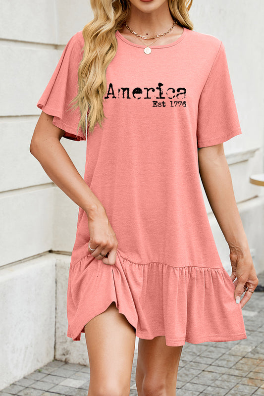 America Graphic Cotton Dress Casual Ruffle Holiday
