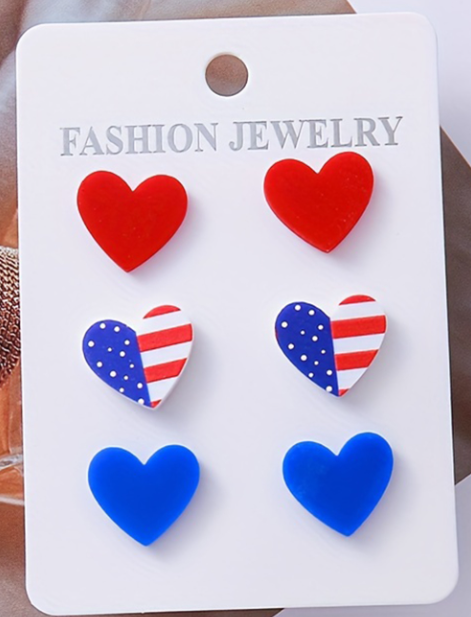 Fiery Red American Flag Print Heart Shape Stud Earrings Set