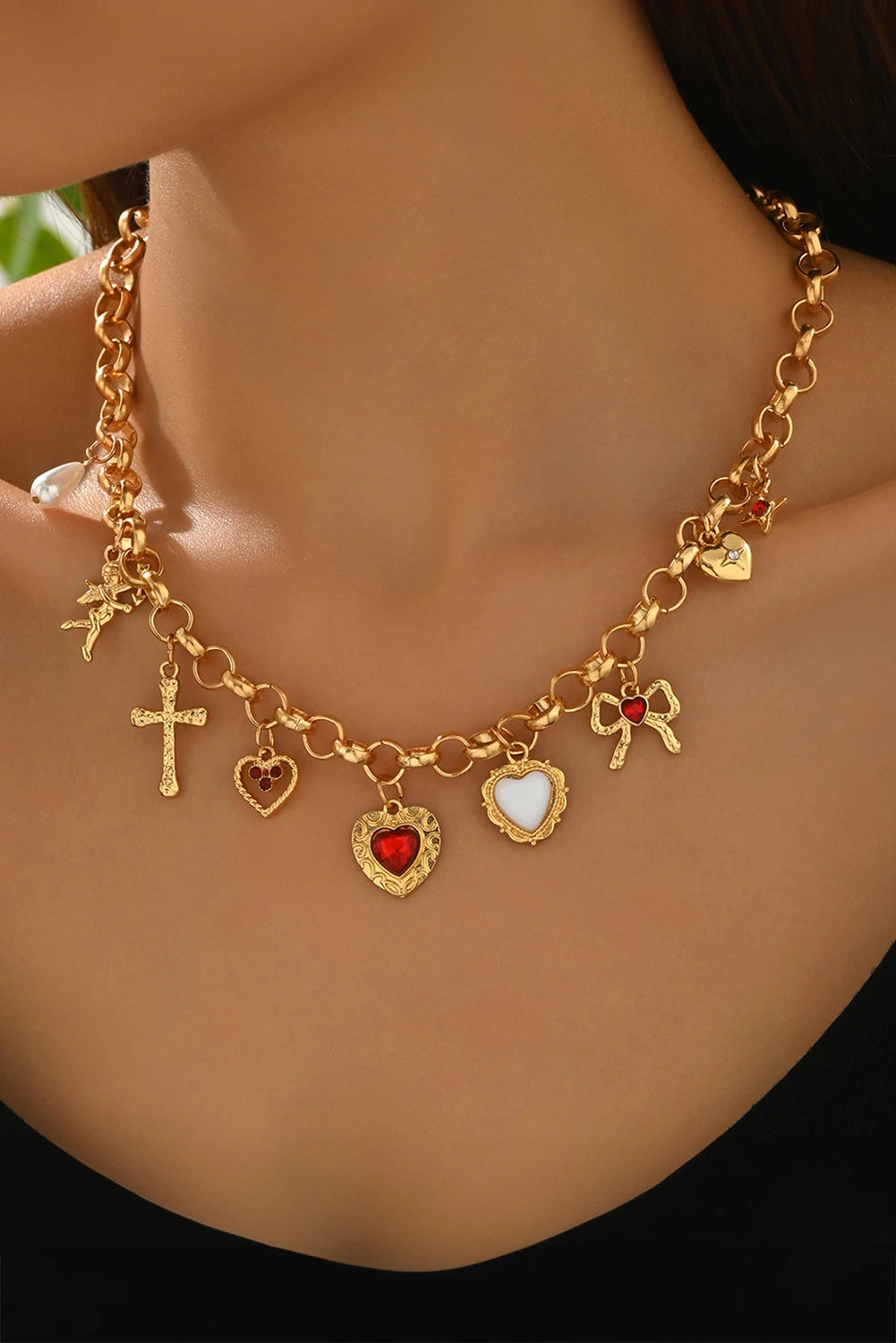 Gold Retro Plated Cross Heart Multi Pendant Necklace