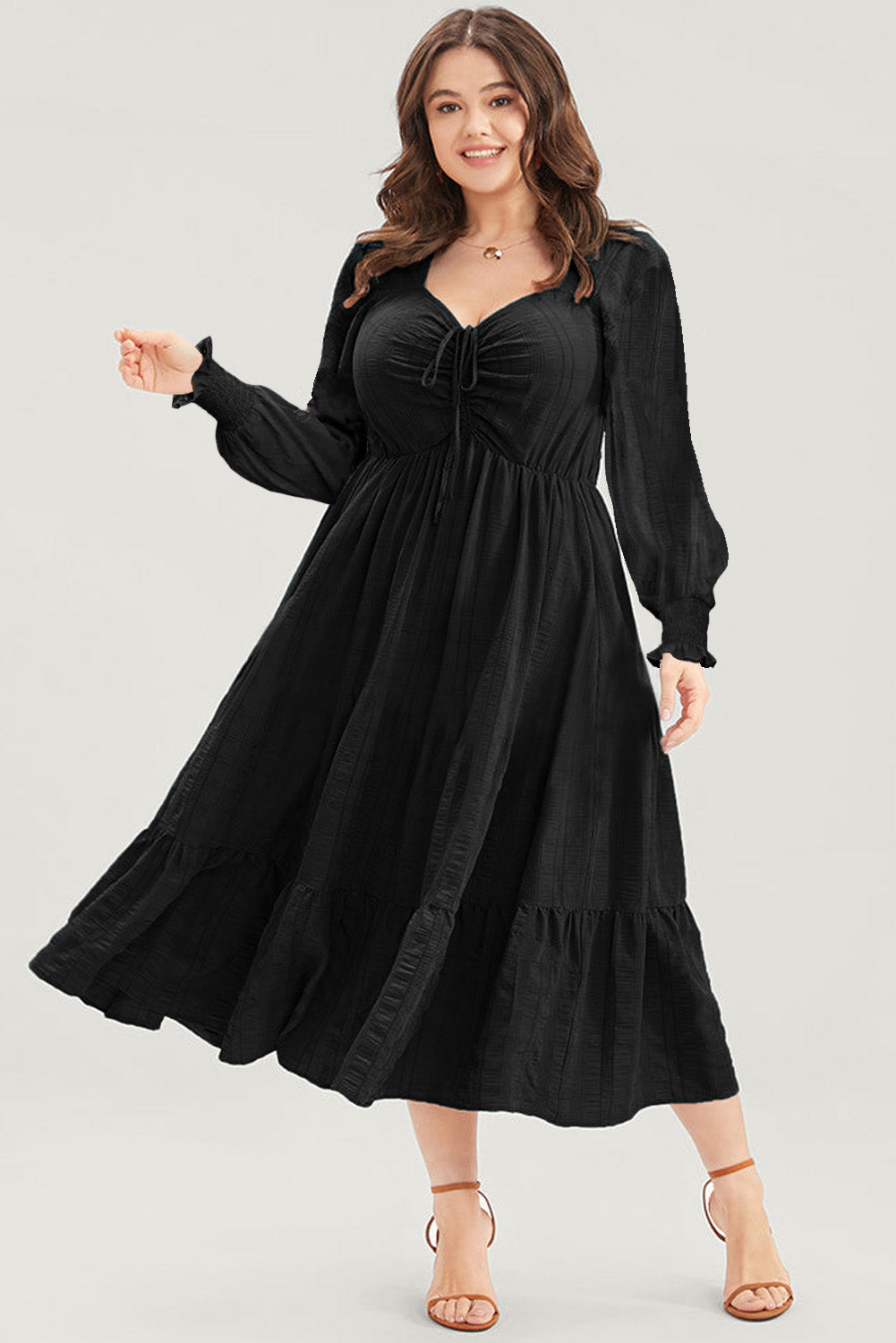 Black Lace-up Ruched Front Long Sleeve Ruffle Hem Plus Size Midi Dress
