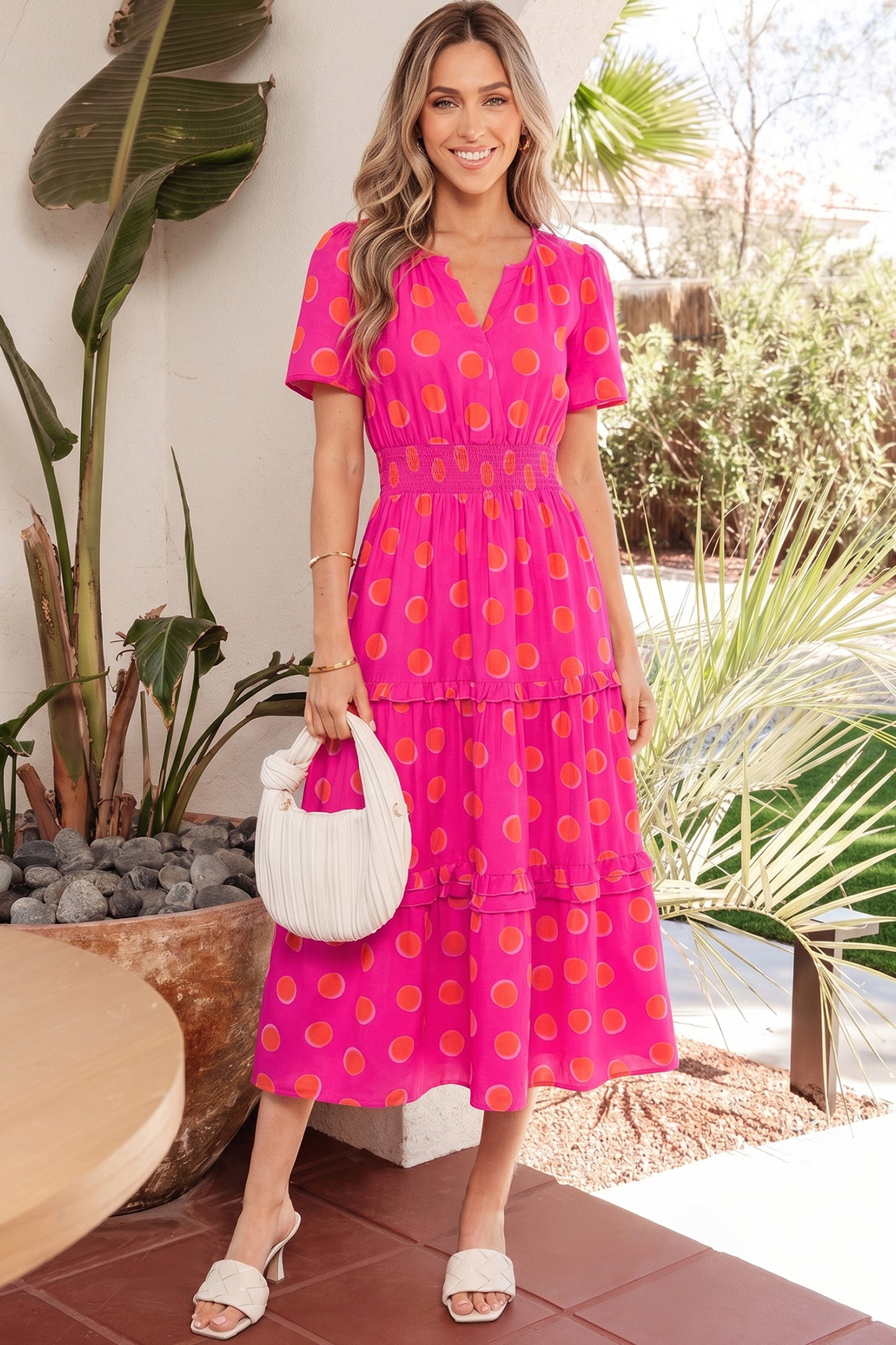 Polka Dot Midi Dress V Neck Smocked Summer Dress