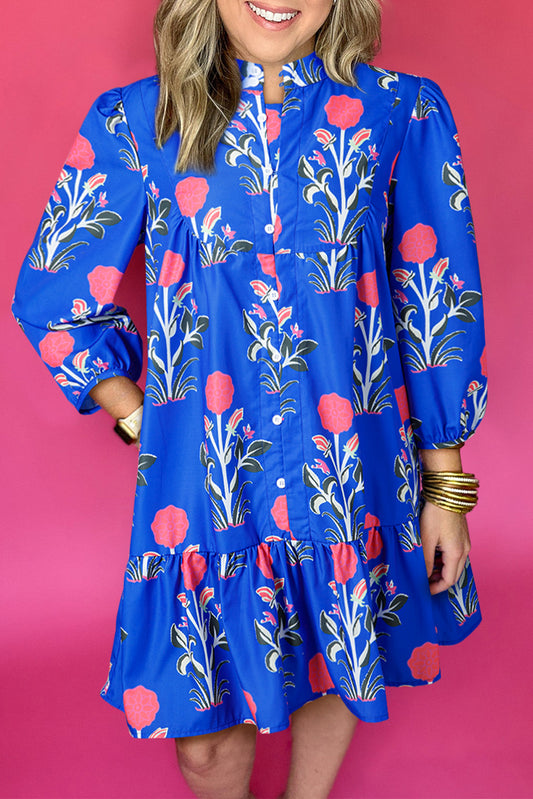 Blue Floral Print Button Detail 3/4 Puff Sleeve Ruffle Hem Dress