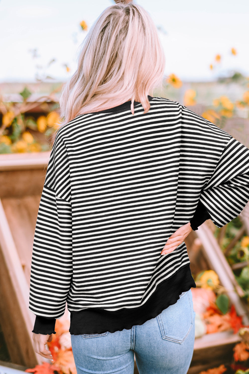 Solid Color Stripe Loose Drop Shoulder Long Sleeve Top