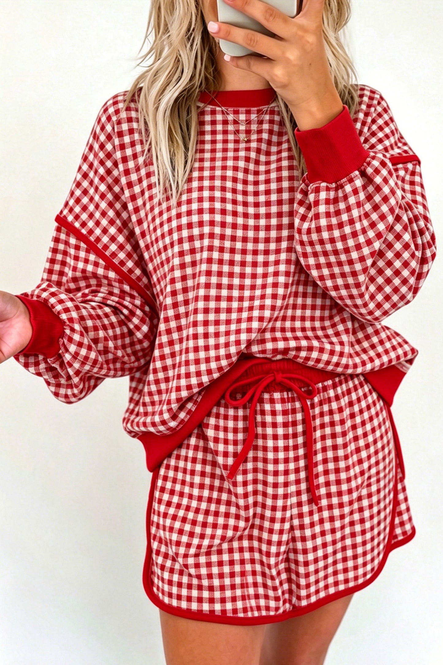 Red Gingham Oversized Ribbed Trim Crew Neck Long Sleeve Top and Skort Set