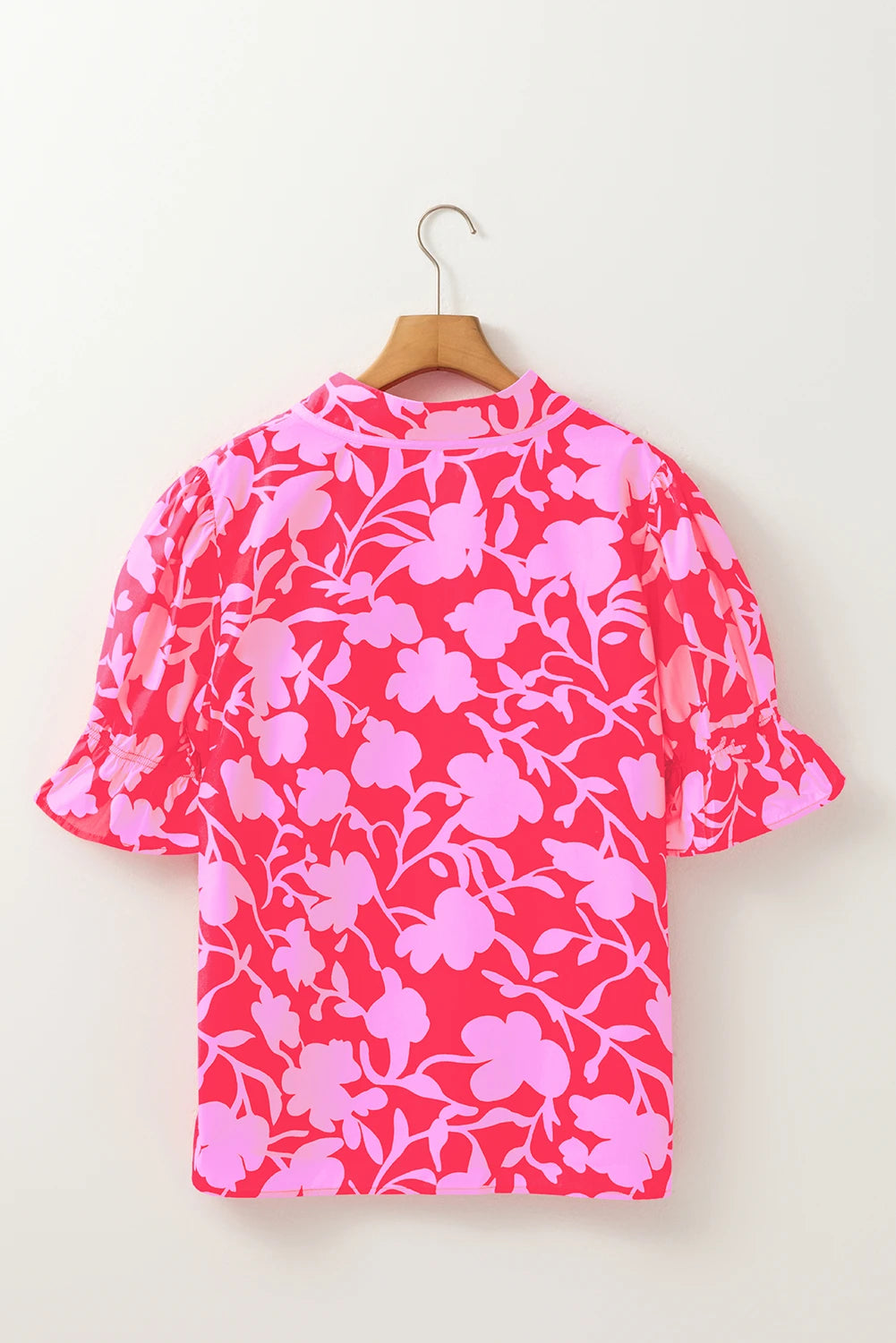 Red Floral Split V Neck Ruffled Short Sleeve Blouse Top