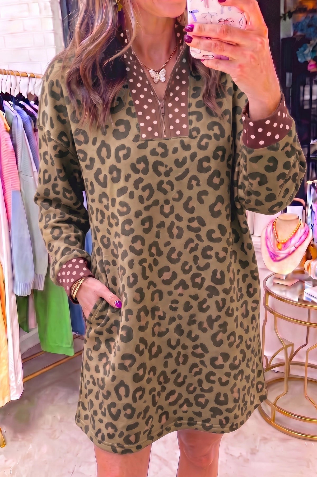 Khaki Leopard Polka Dot Patchwork Detail Zip Neck Long Sleeve Mini Dress
