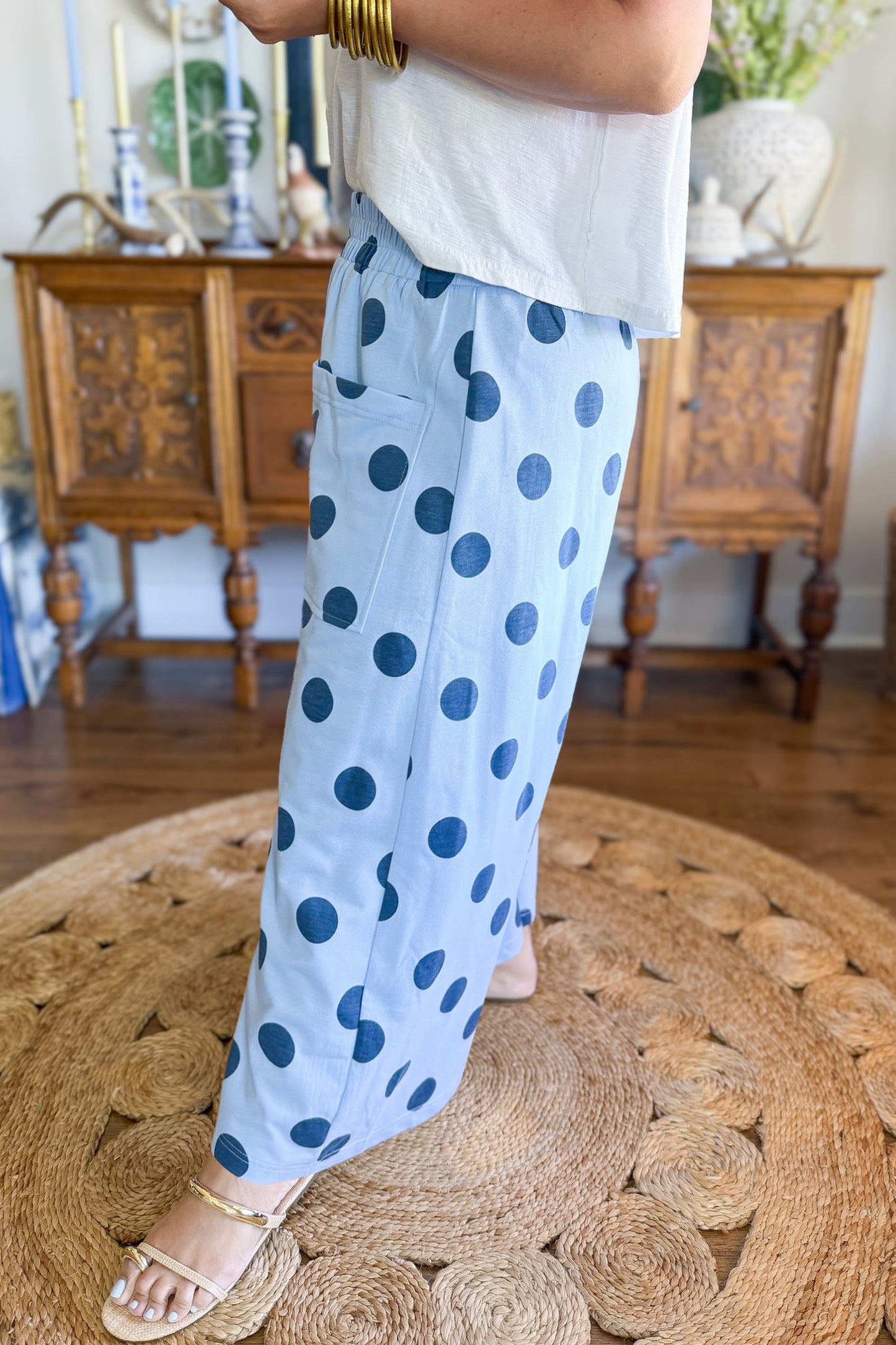 Sky Blue Polka Dot Elastic Waist Wide Leg Plus Size Pants