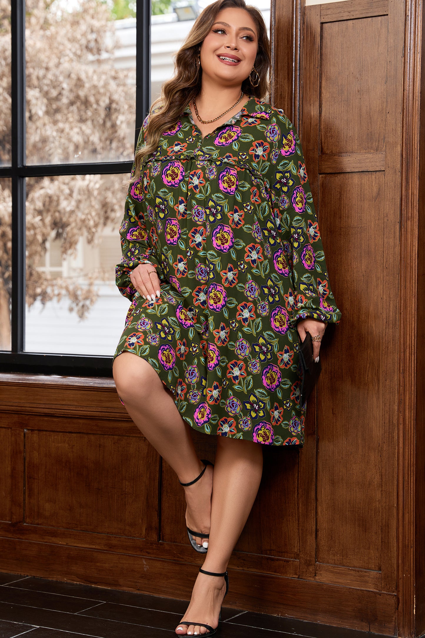 Green Plus Size Floral Print Collared V Neck Loose Mini Dress