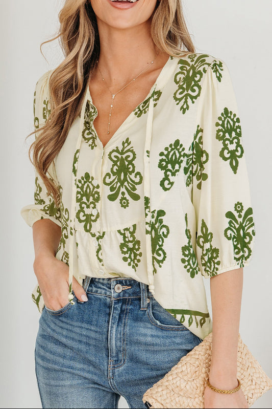 Apricot Floral Print Tie V Neck Button Down Puffy Half Sleeve Shirt