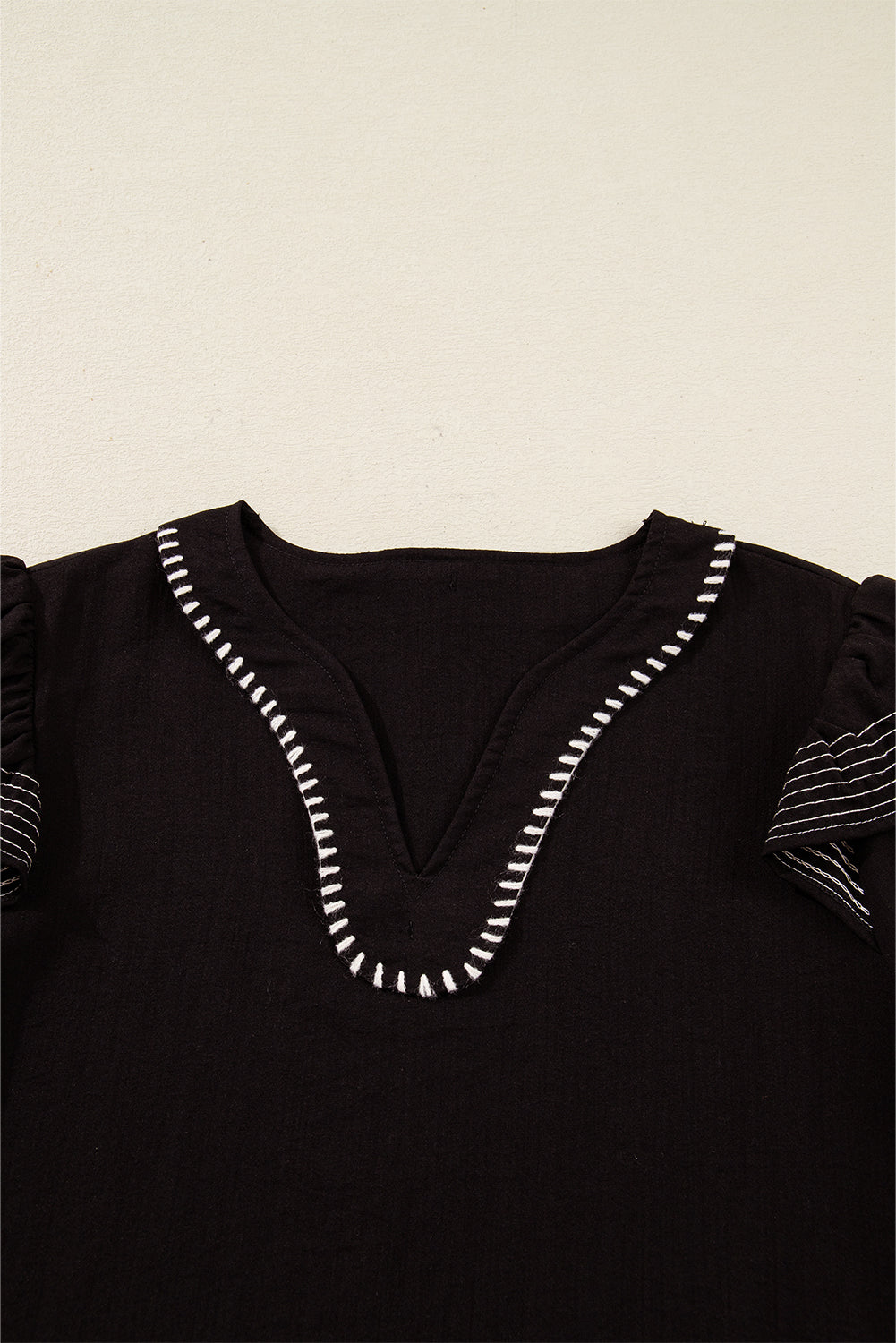 Contrast Stitched Detail V Neck Ruffle Long Sleeve Blouse