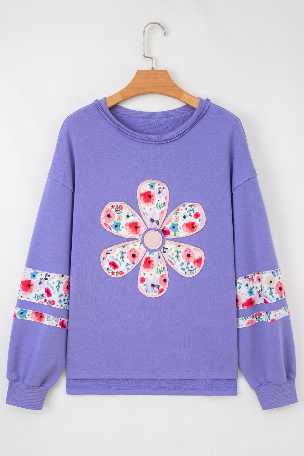 Peach Blossom Floral Applique Baggy Pullover Sweatshirt