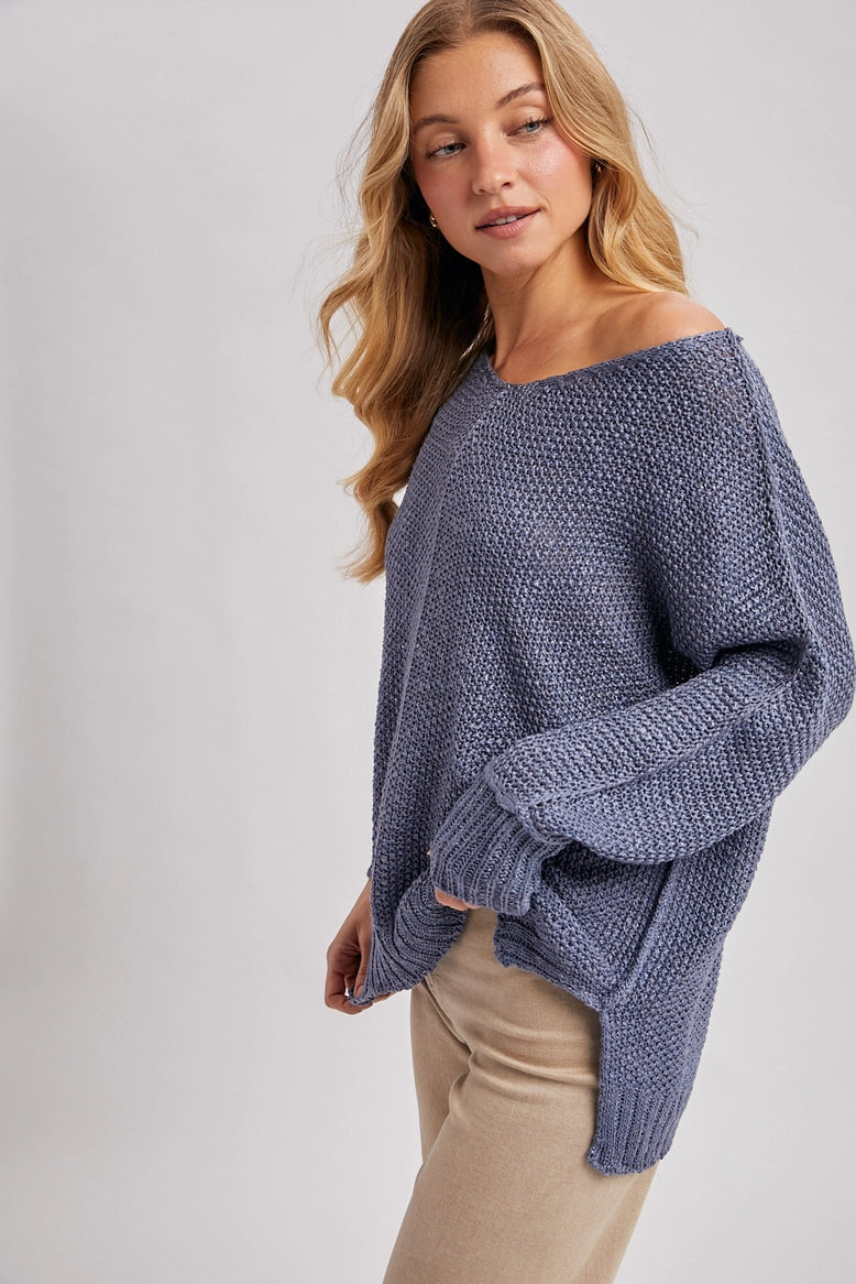 Textured V Neck Reverse Seam Relaxed Fit Knit Sweater