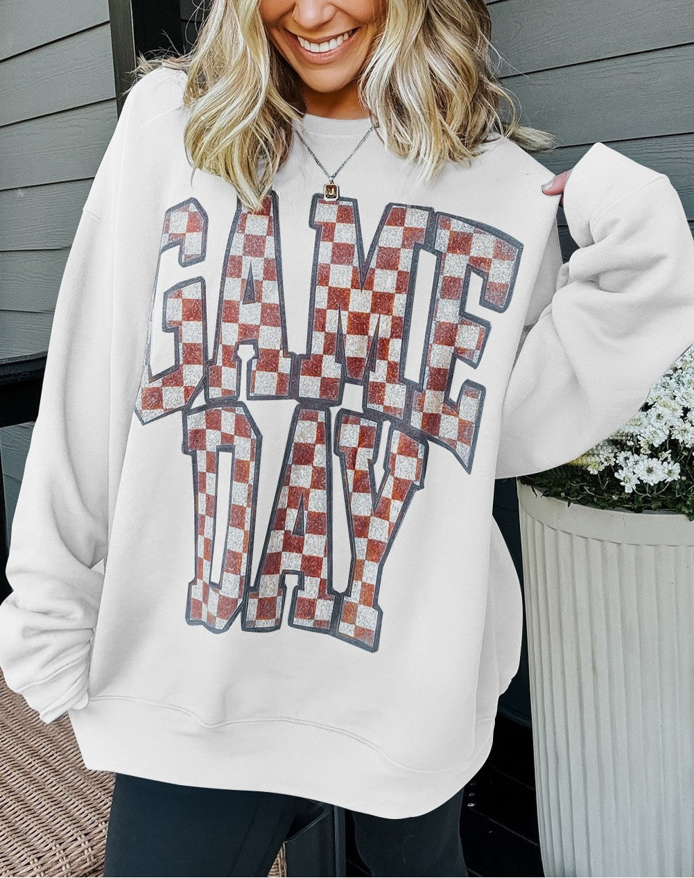 Sleet GAME DAY Checkered Letter Graphic Oversize Sweatshirt