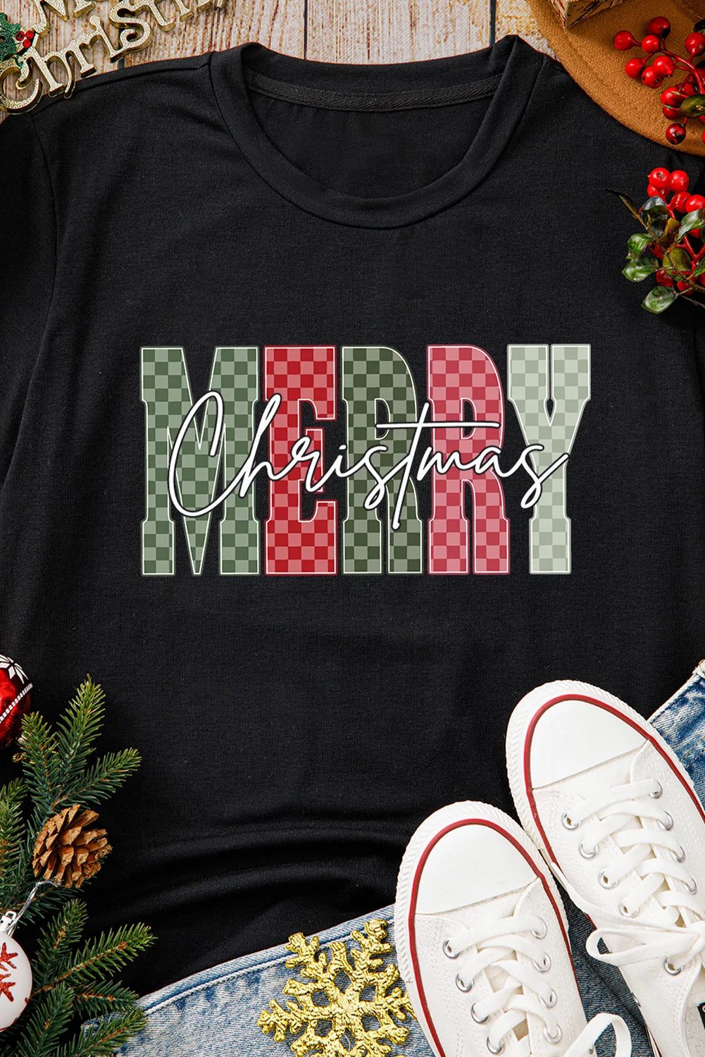 Black Plaid Checkered MERRY Christmas Graphic Crew Neck Tee