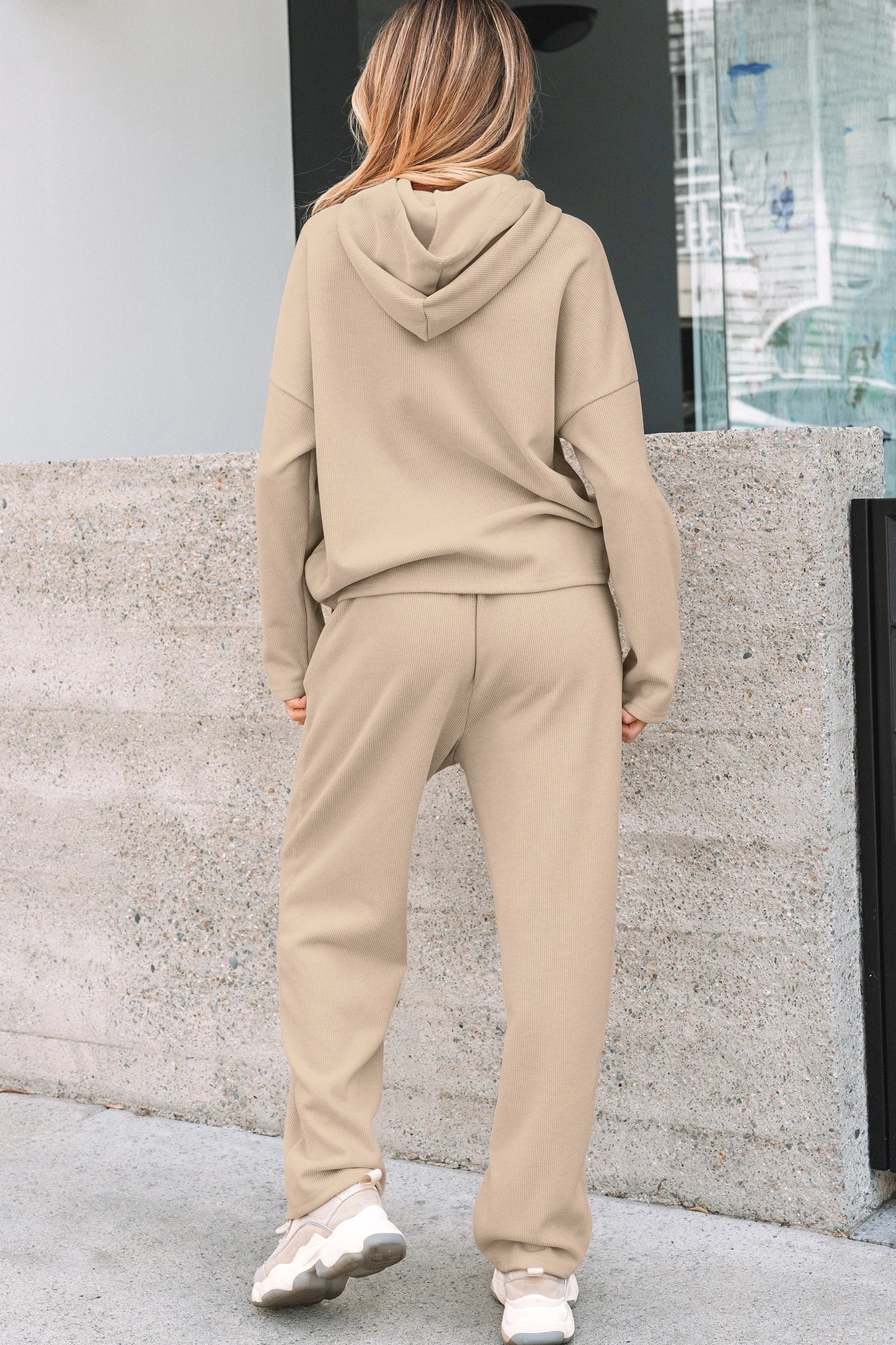 Casual Lace Drawstring Pullover Hoodie and High Waist Pants Corduroy Suit